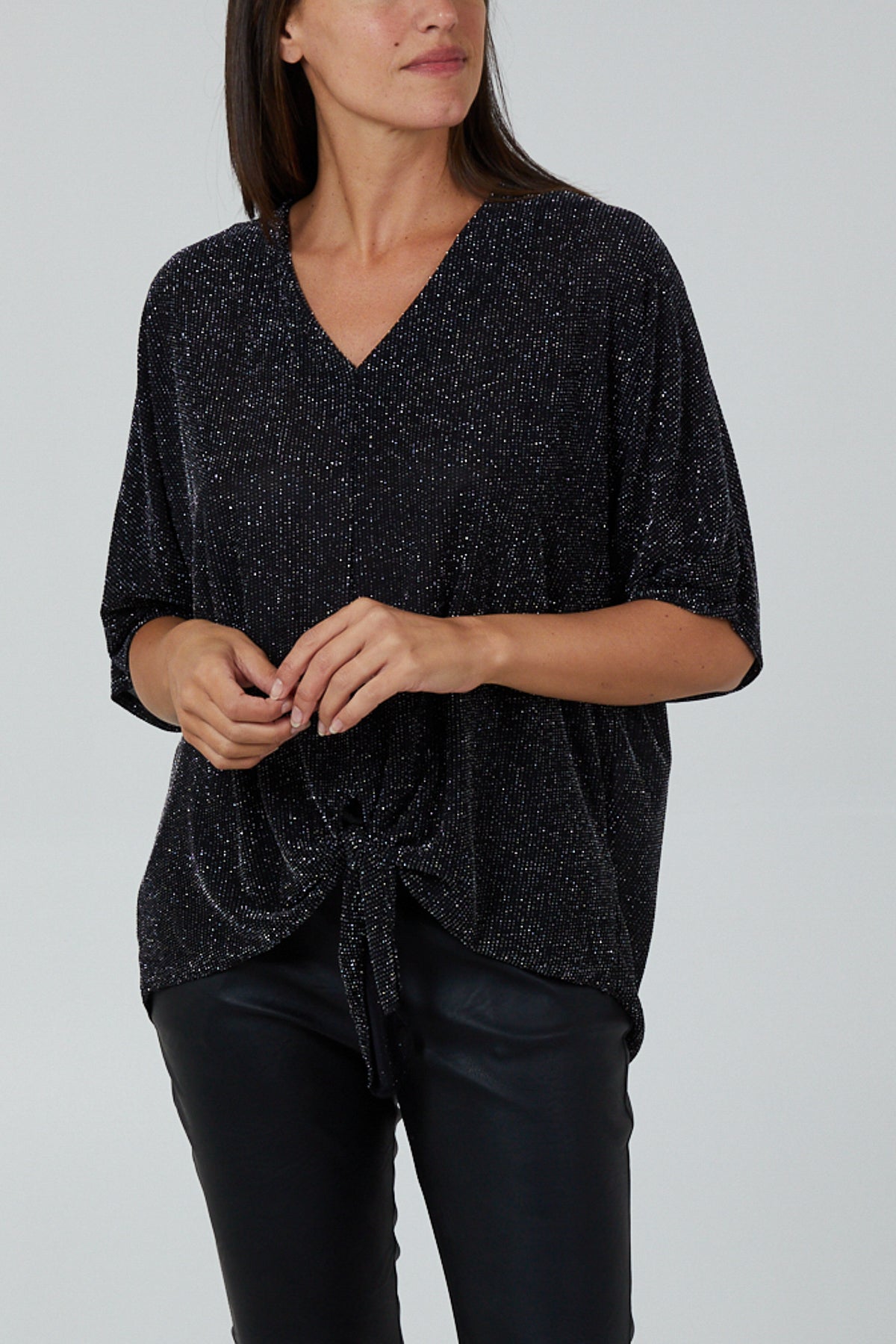 Glitter Lurex Tie Front Hem Blouse TOPMF2 WearAll Silver One Size