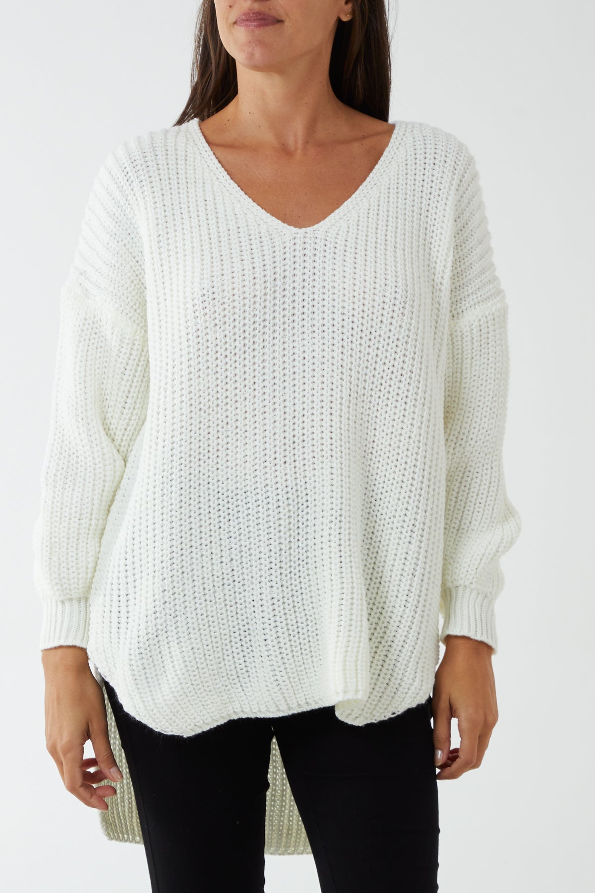 Oversized V-Neck Chunky Knit Dip Hem Jumper JMF1 WearAll Cream One Size