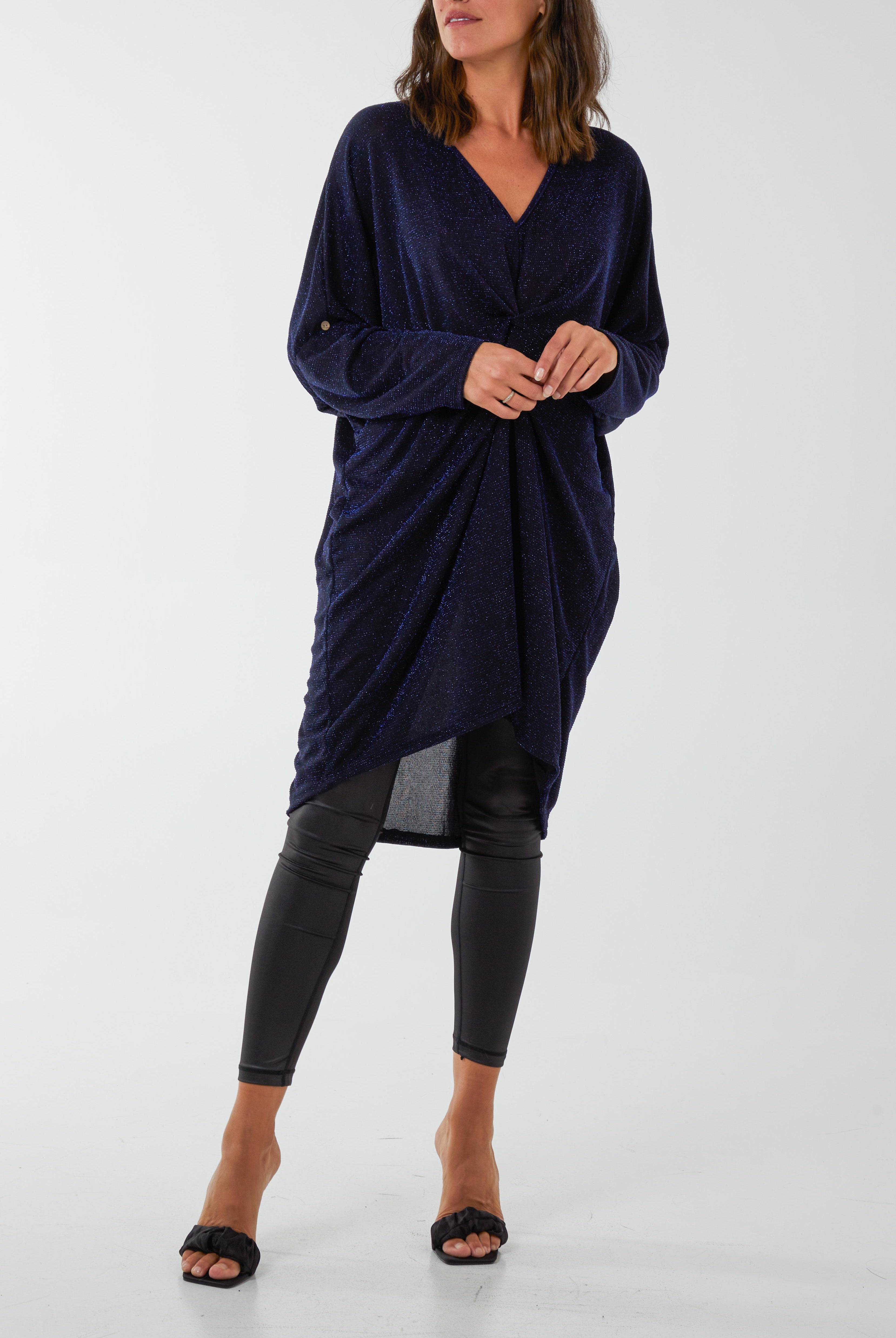 Glitter Lurex Twist Tie Knot Tunic Dress DMF2 WearAll Navy One Size
