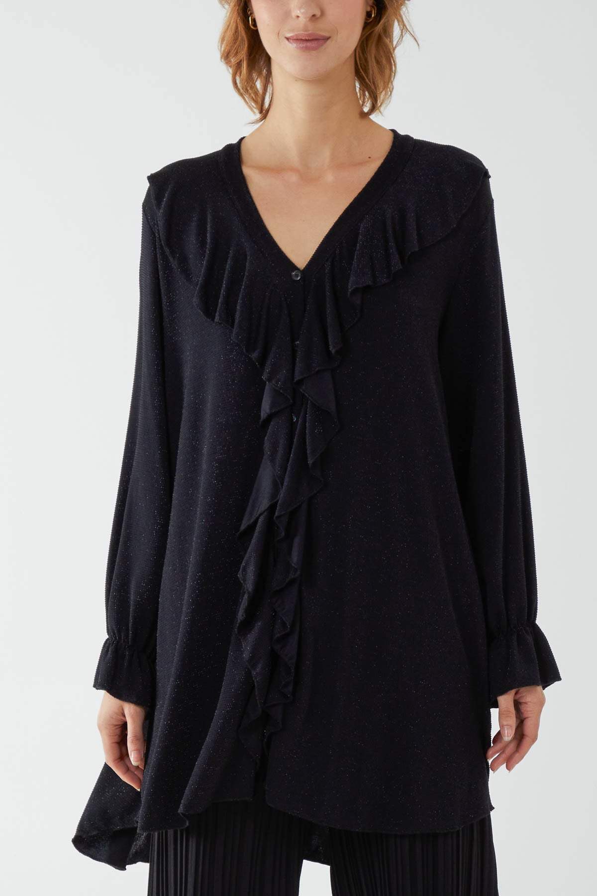 Glitter Lurex Ruffle Flounce Button Blouse TOPMF2 WearAll Black One Size