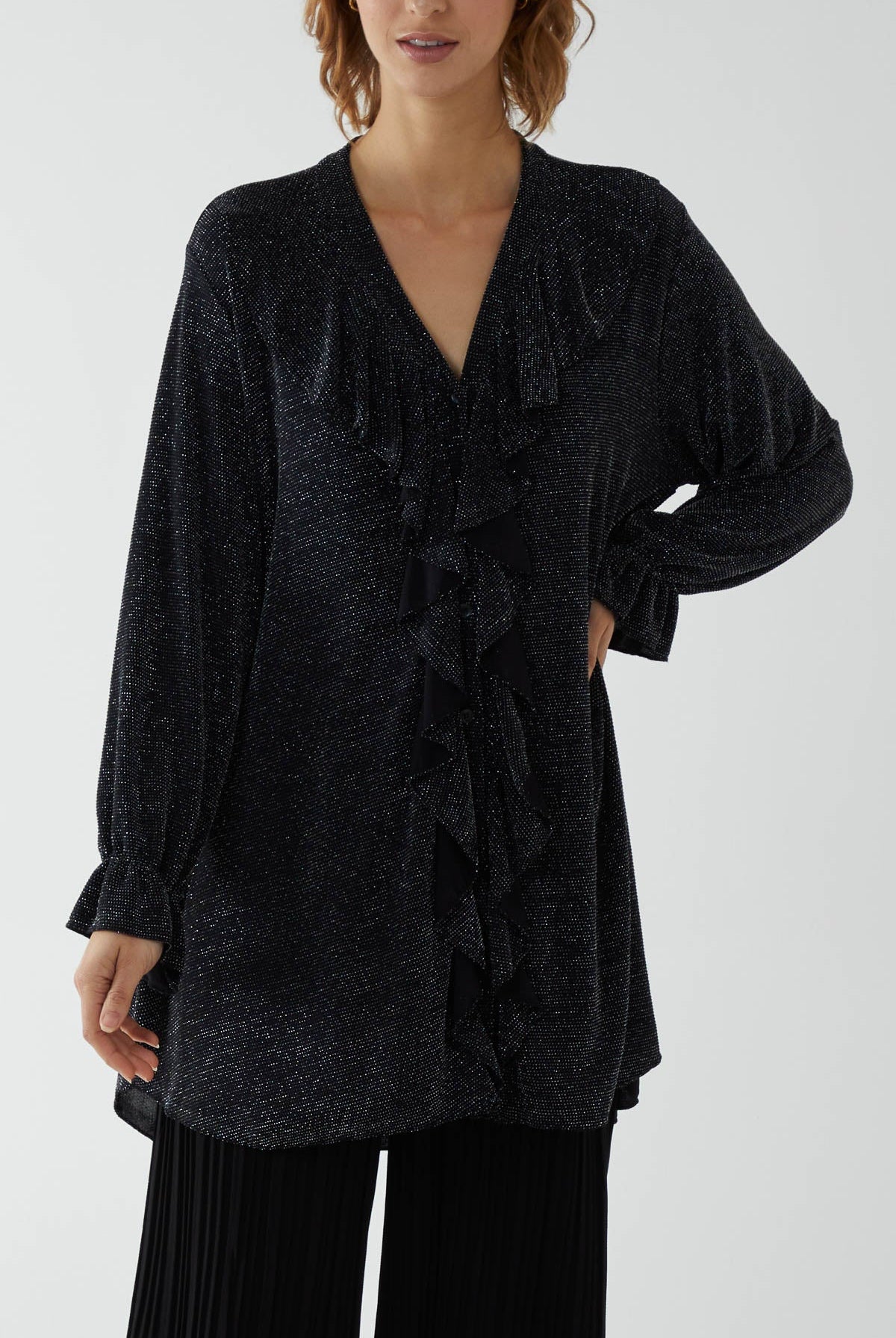 Glitter Lurex Ruffle Flounce Button Blouse TOPMF2 WearAll Silver One Size