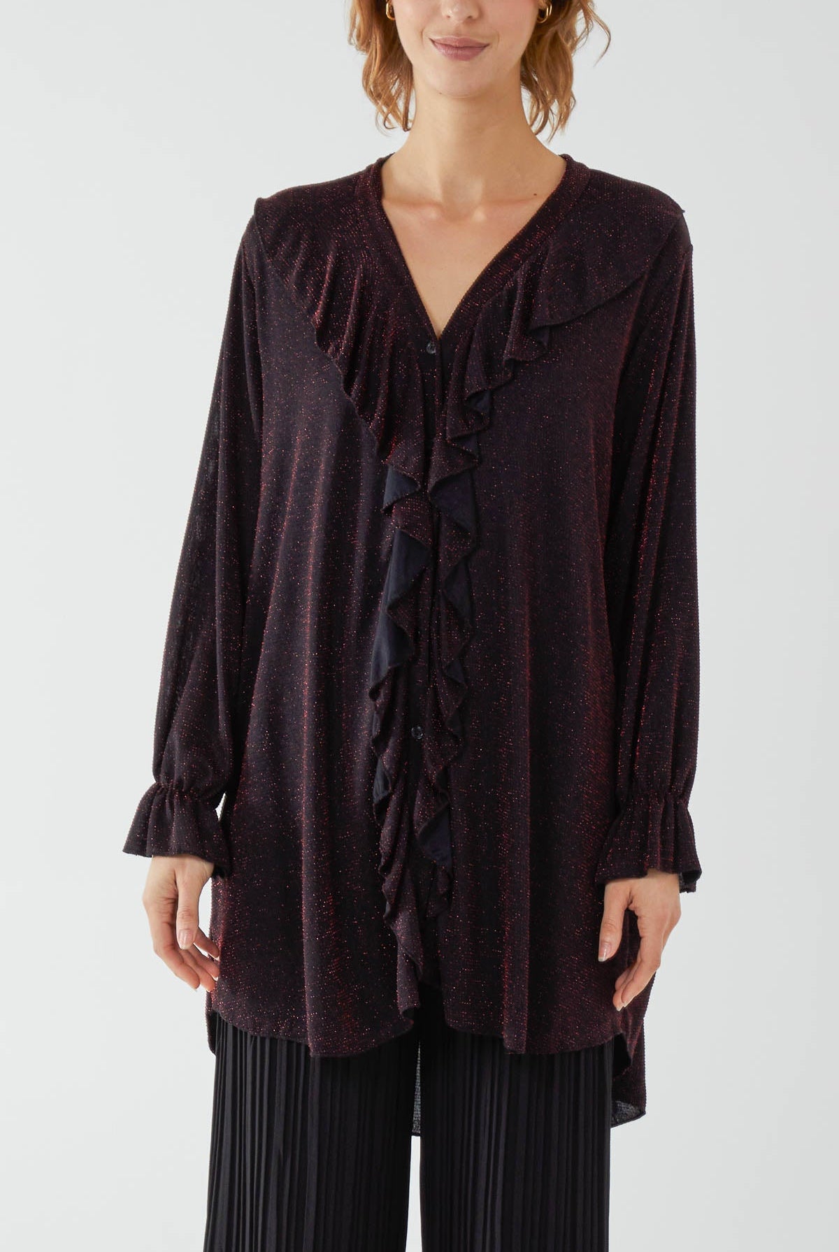 Glitter Lurex Ruffle Flounce Button Blouse TOPMF2 WearAll Red One Size