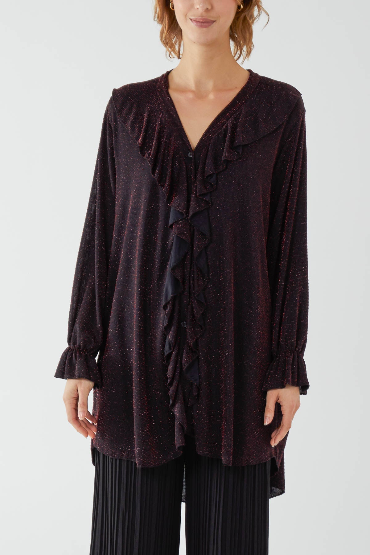 Glitter Lurex Ruffle Flounce Button Blouse TOPMF2 WearAll Red One Size