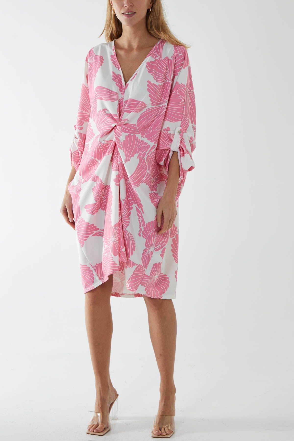 Floral Twisted Front Midi Dress Dress WearAll Pink One Size