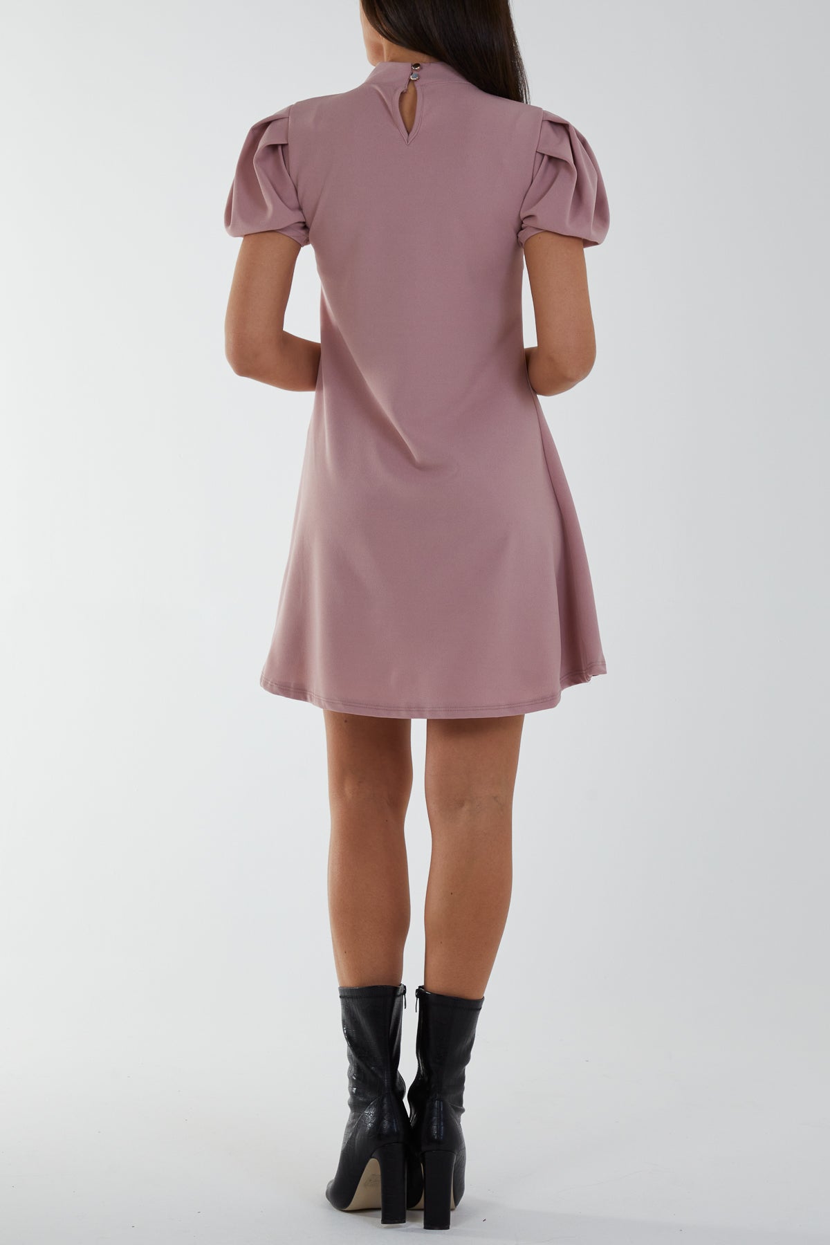 High Neck Puff Sleeve Mini Shift Dress DMF2 WearAll