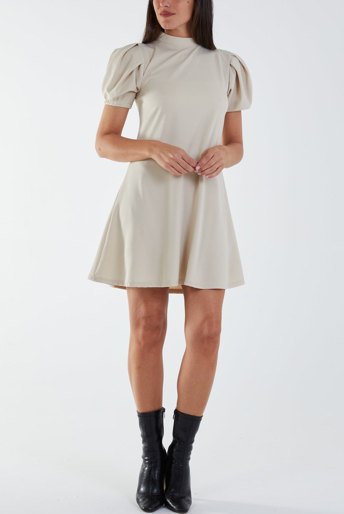 High Neck Puff Sleeve Mini Shift Dress DMF2 WearAll Stone S-M-L