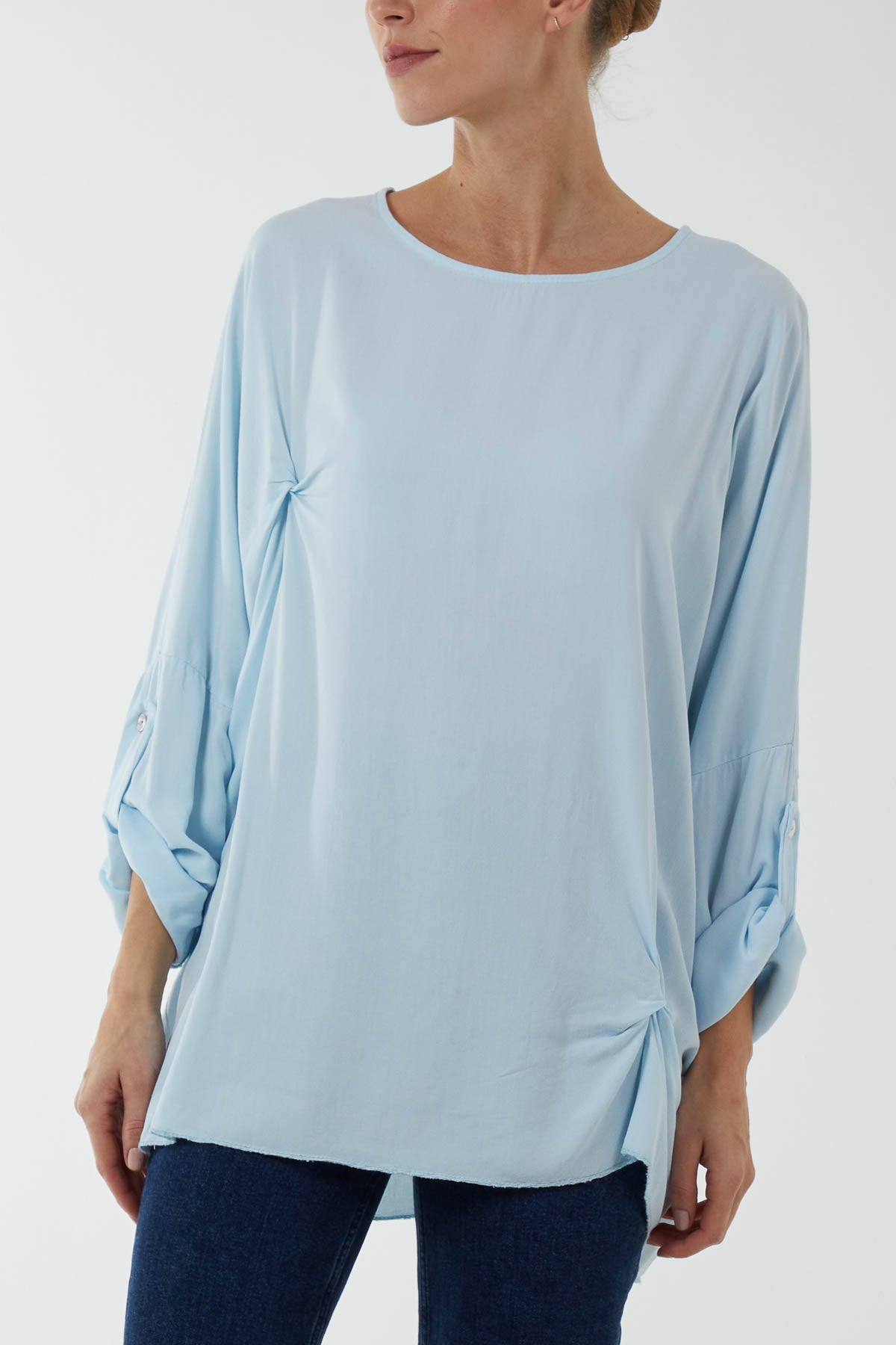 Round Neck Button Sleeve Blouse TOPMF2 WearAll Sky Blue One Size