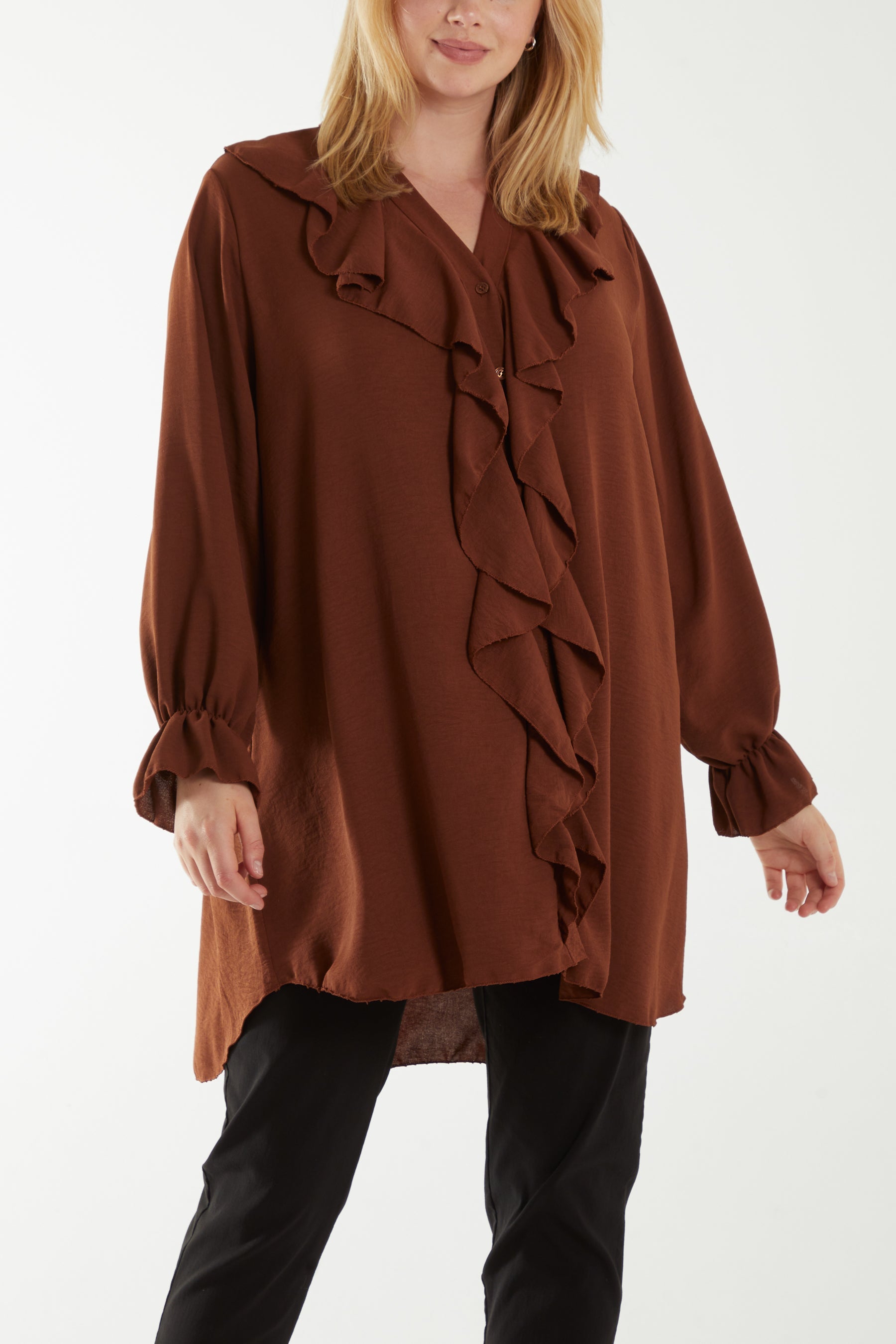 Flounce Poly Crepe Oversized Shirt TOPMF2 WearAll Brown One Size