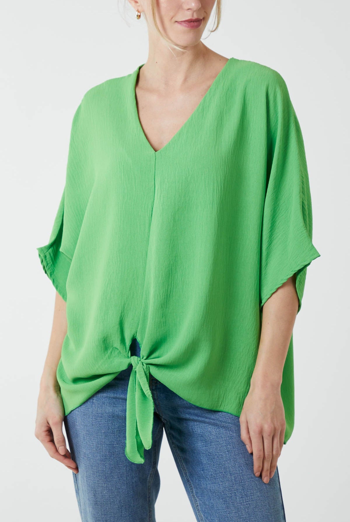 V-Neck Centre Front Tie Hem Blouse TOPMF2 WearAll Apple Green One Size