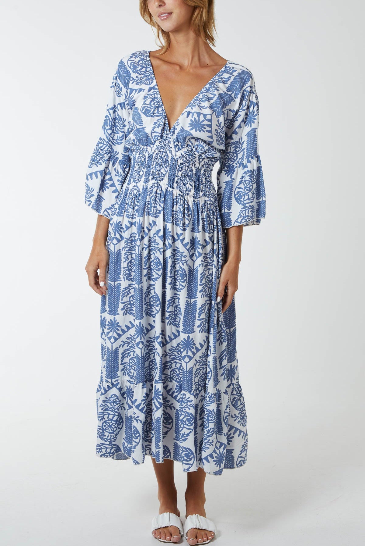 Baroque Floral Shirred Midi Dress DMF2 WearAll Denim One Size