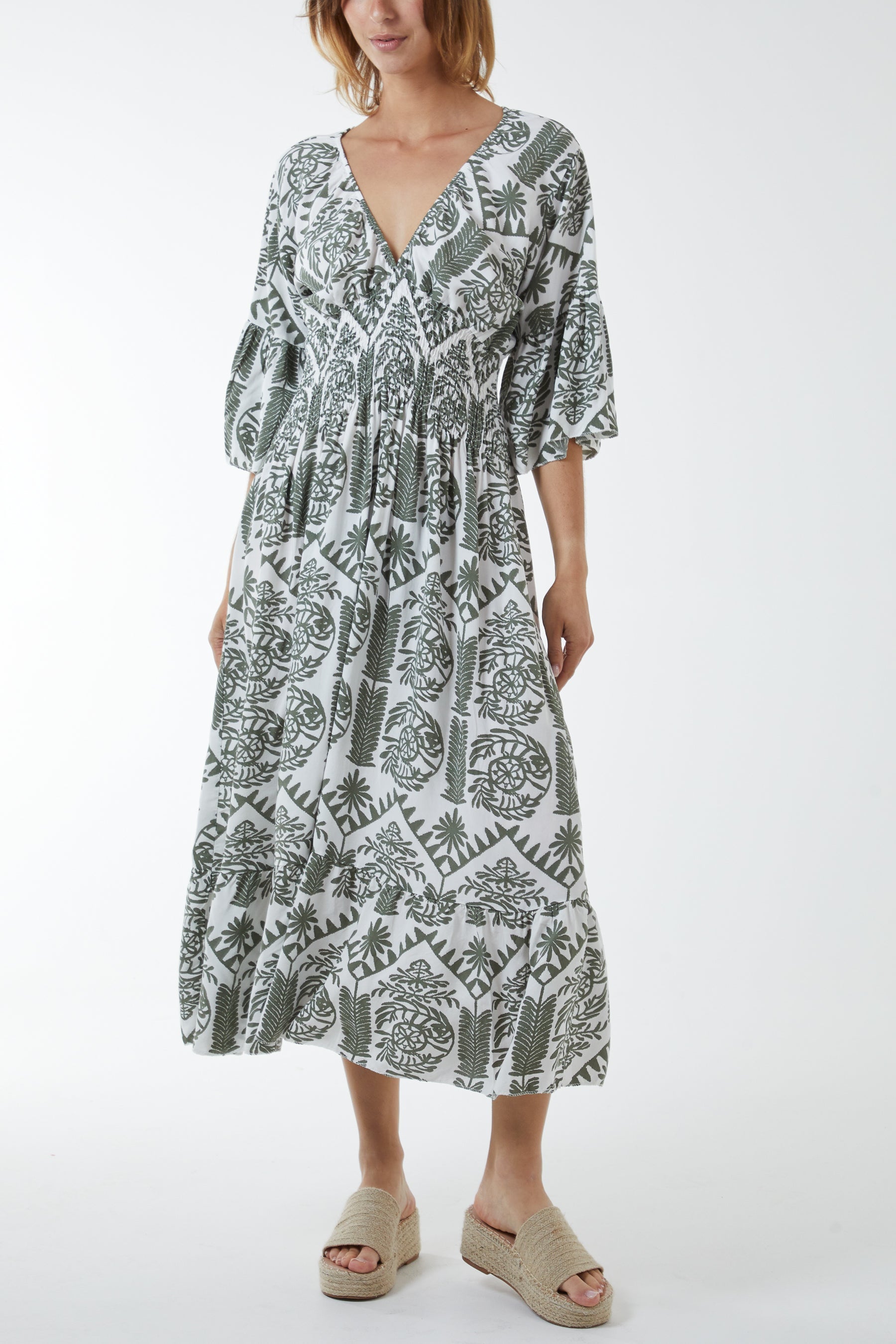 Baroque Floral Shirred Midi Dress DMF2 WearAll Khaki One Size