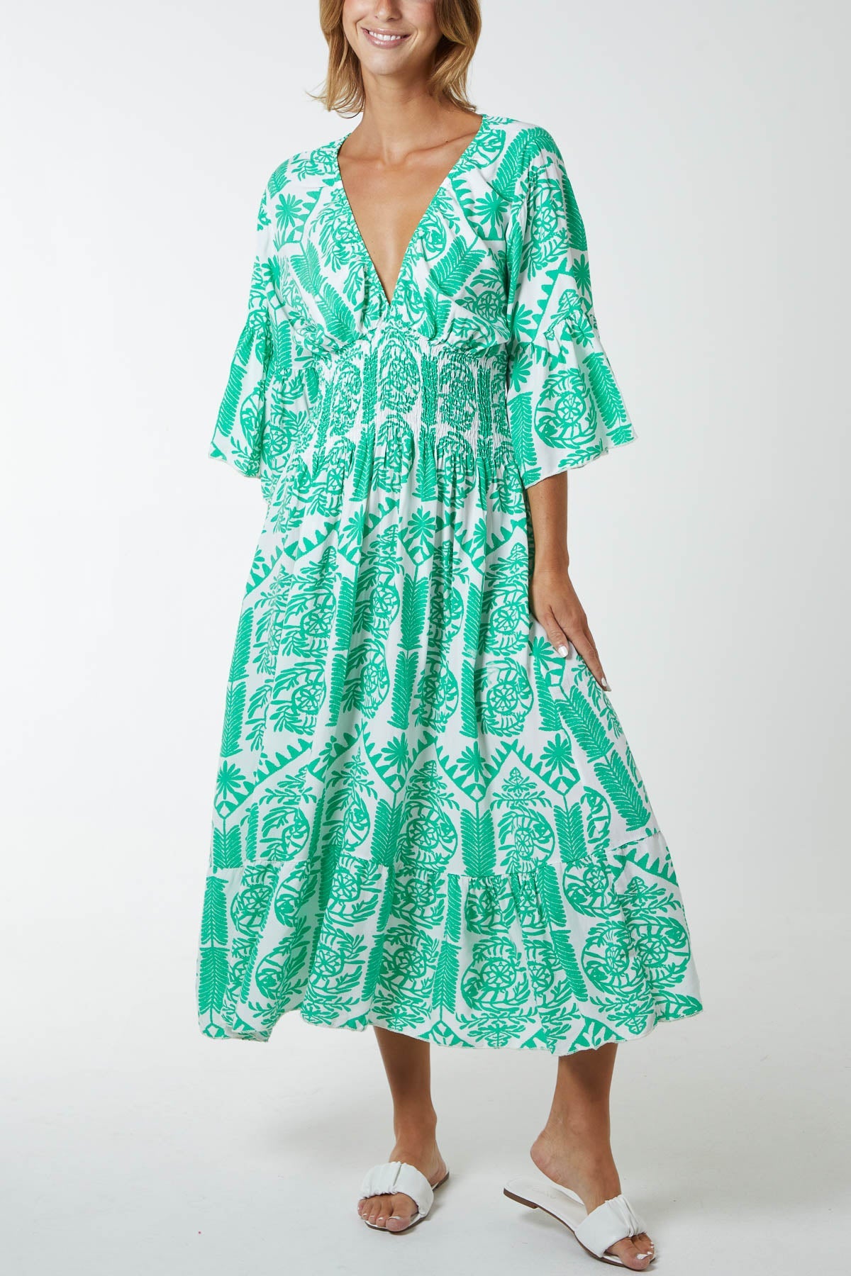 Baroque Floral Shirred Midi Dress DMF2 WearAll Jade One Size