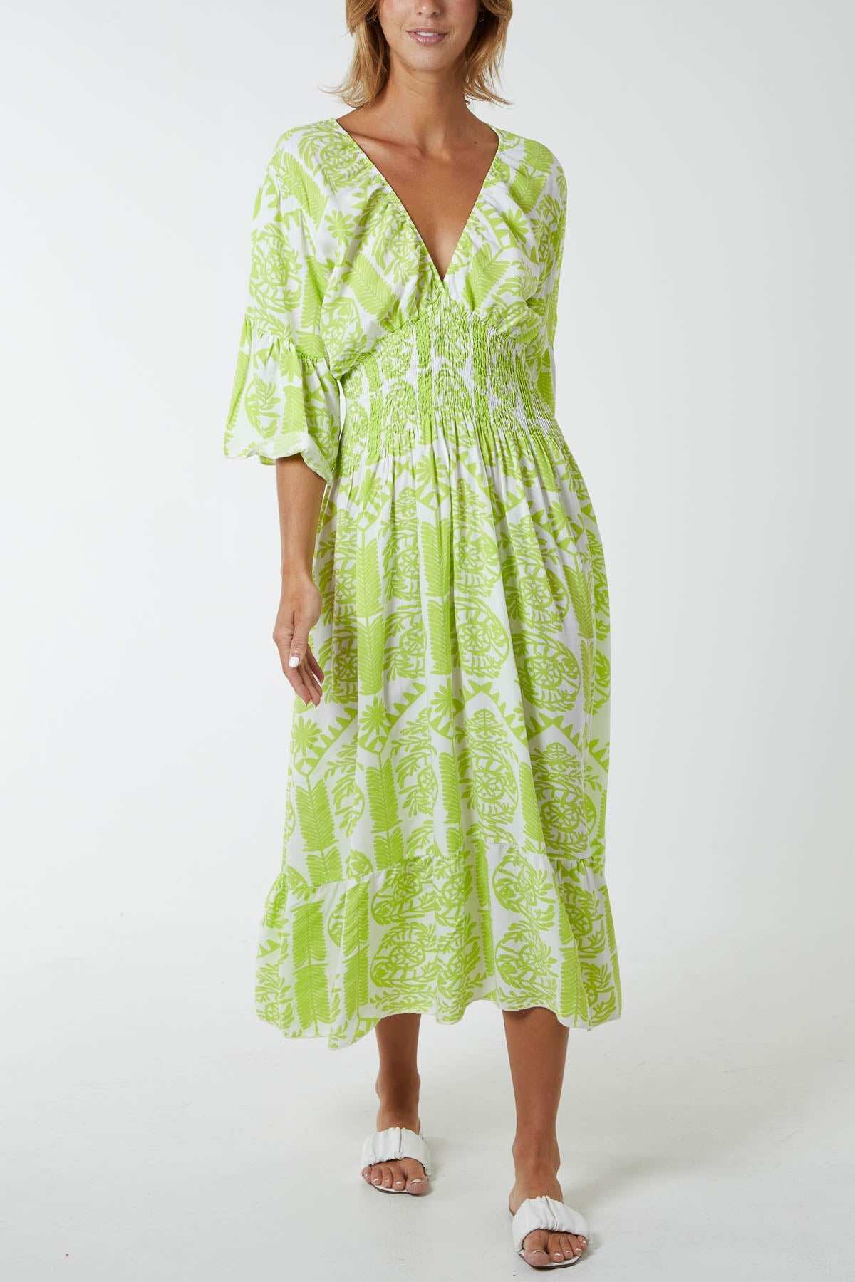 Baroque Floral Shirred Midi Dress DMF2 WearAll Lime One Size