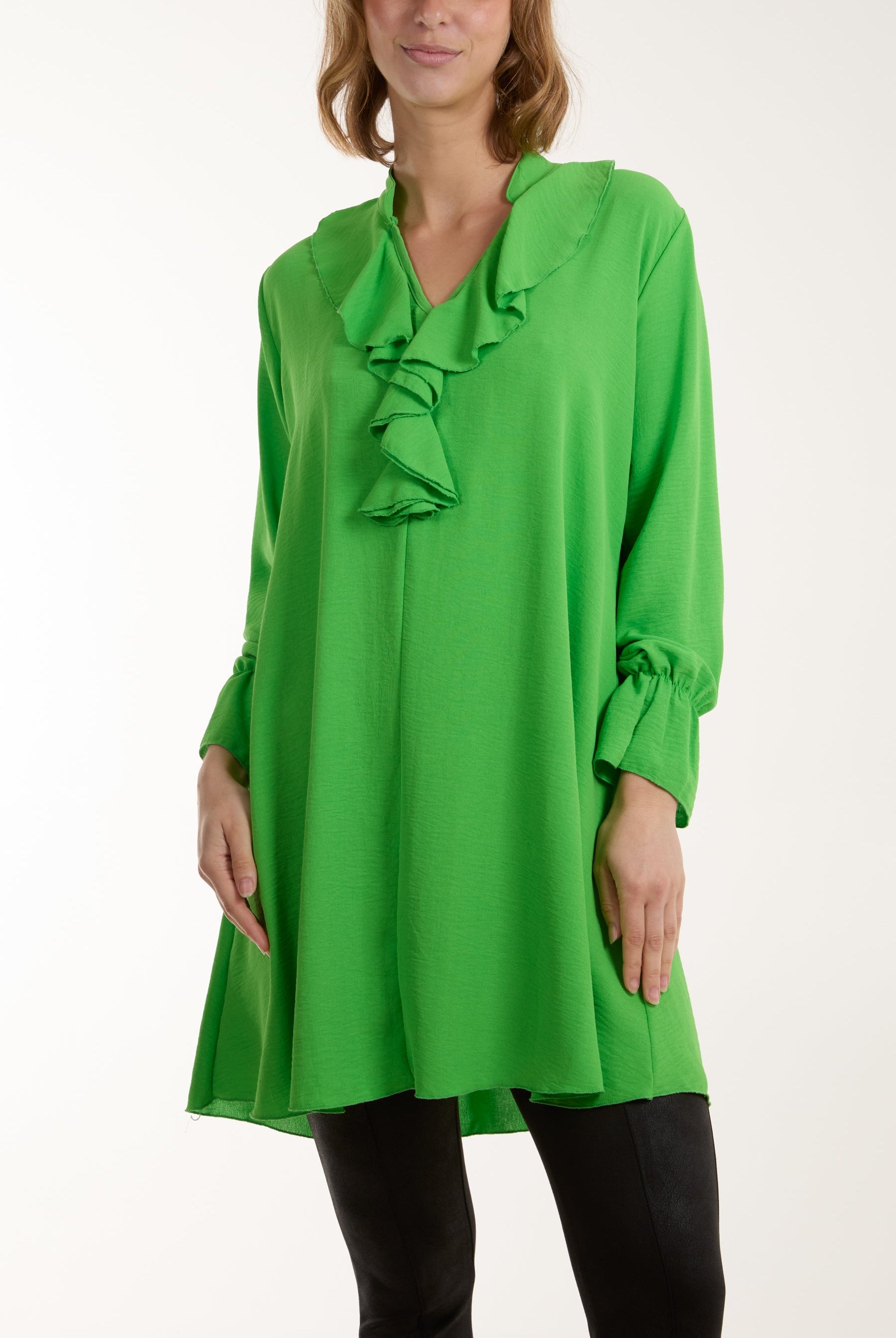 Ruffle Neck Tunic Dress DMF2 WearAll Apple Green One Size