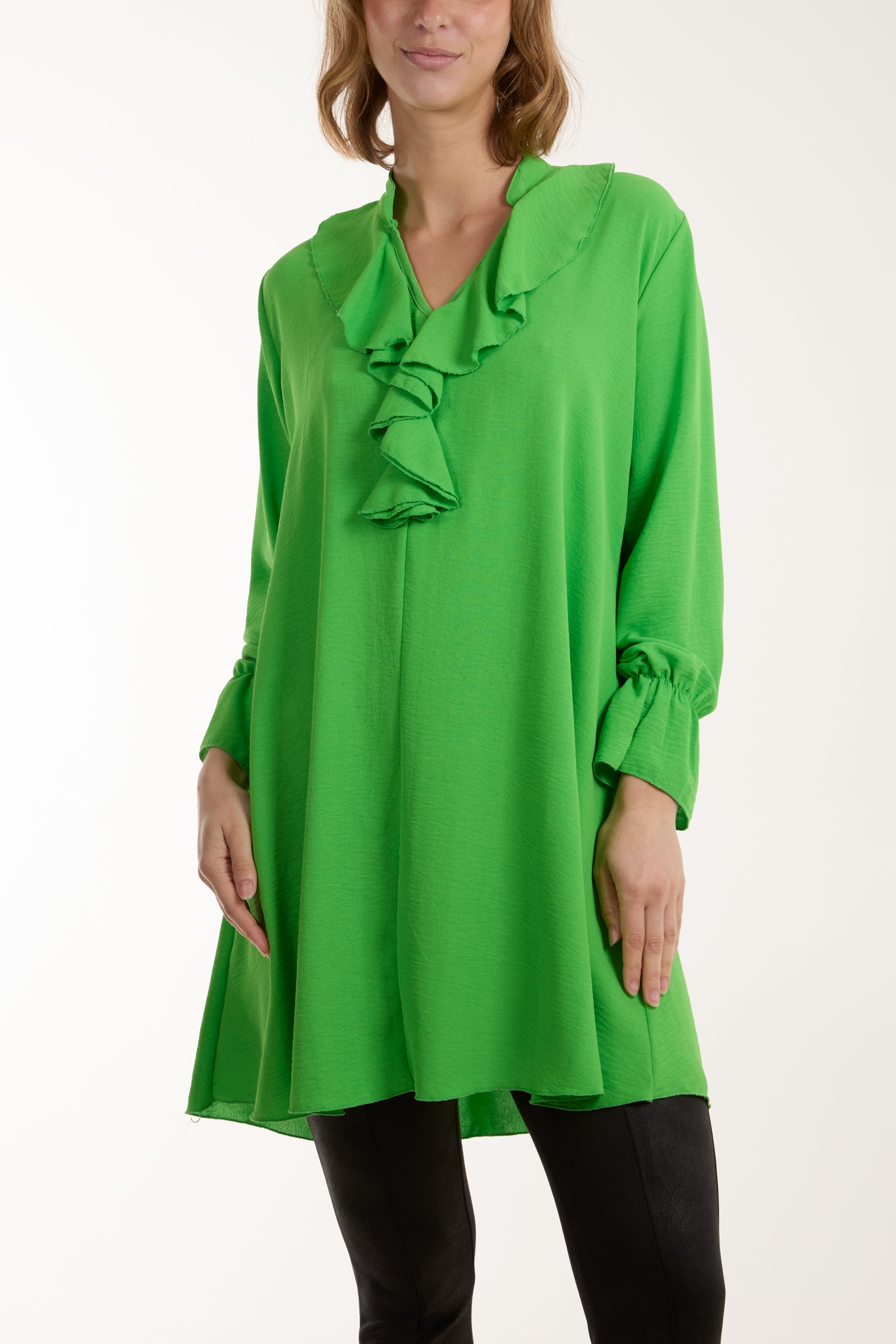 Ruffle Neck Tunic Dress DMF2 WearAll Apple Green One Size