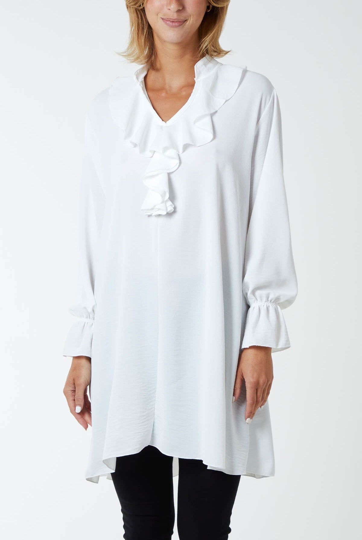 Ruffle Neck Tunic Dress DMF2 WearAll White One Size