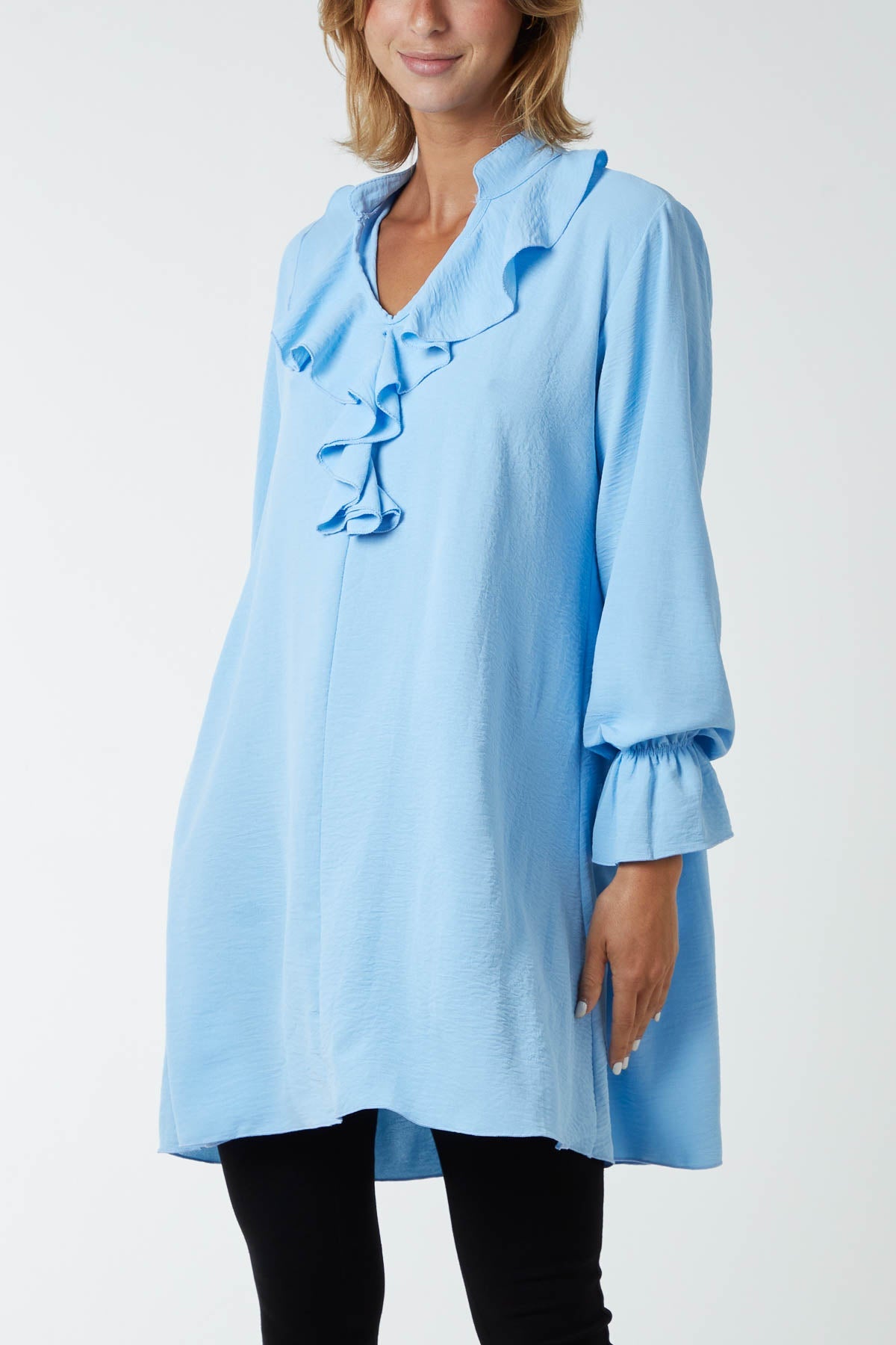 Ruffle Neck Tunic Dress DMF2 WearAll Light Blue One Size