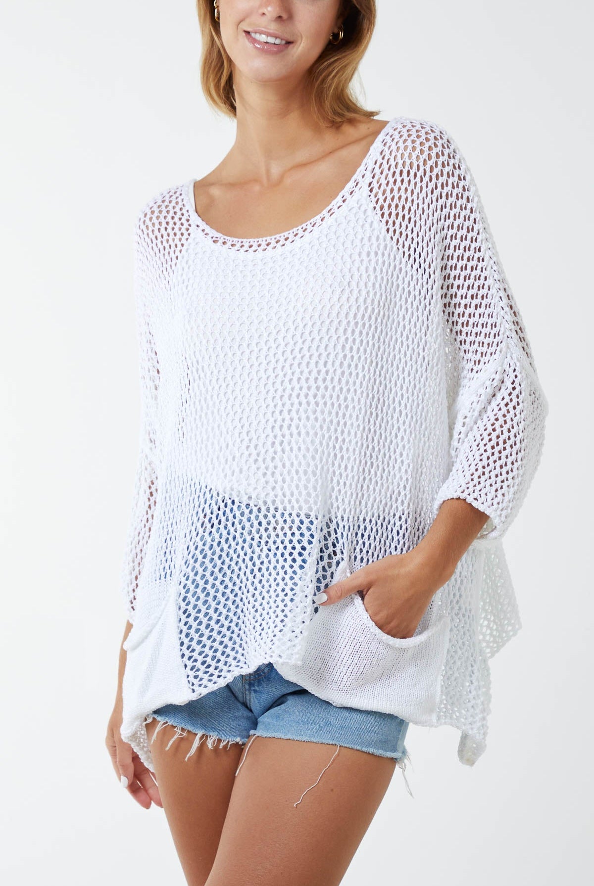 Two Pocket Crochet Blouse TOPMF2 WearAll White One Size