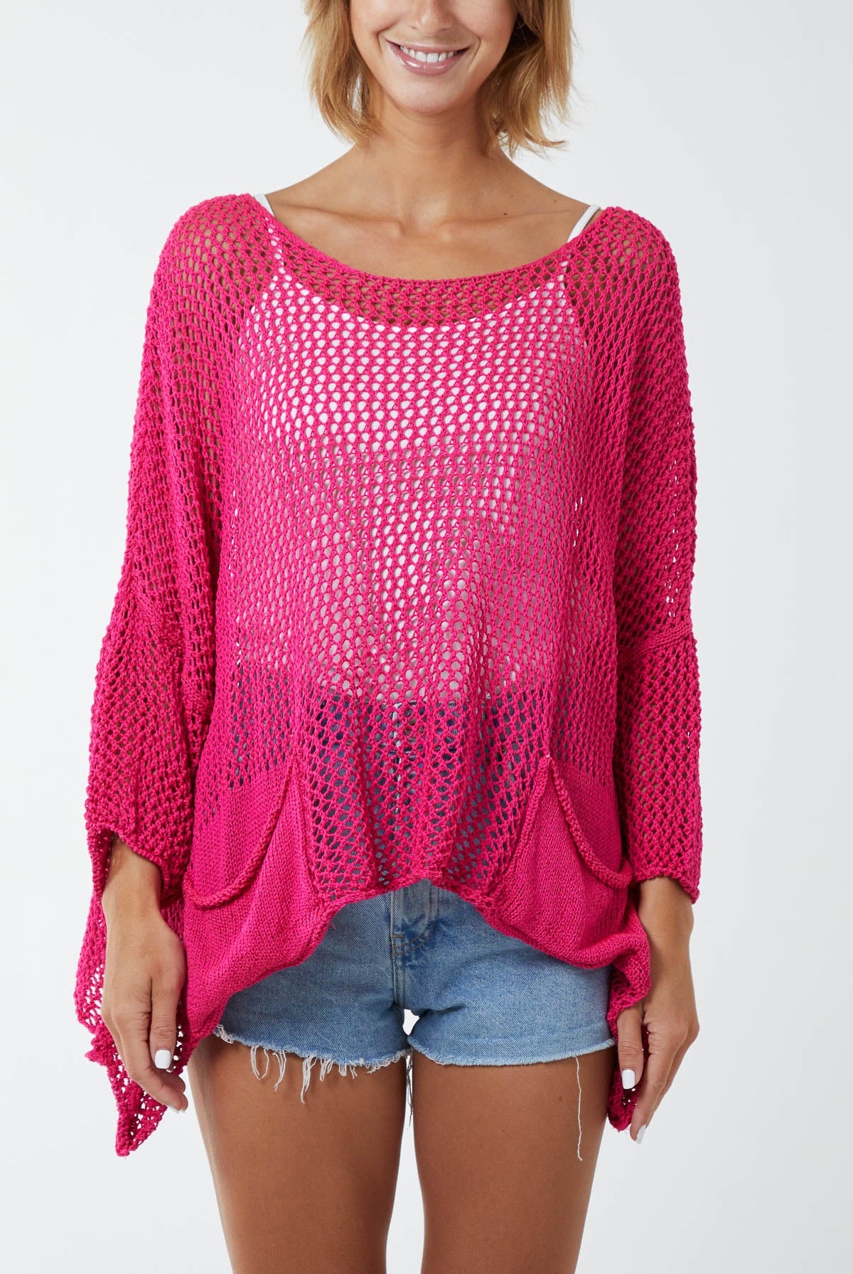 Two Pocket Crochet Blouse TOPMF2 WearAll Fuchsia One Size