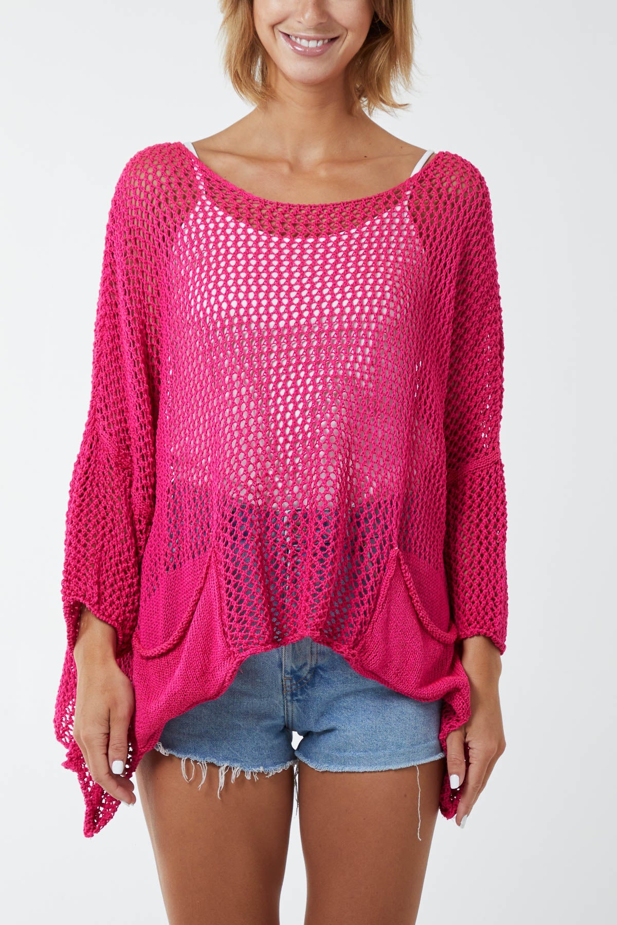 Two Pocket Crochet Blouse TOPMF2 WearAll Fuchsia One Size