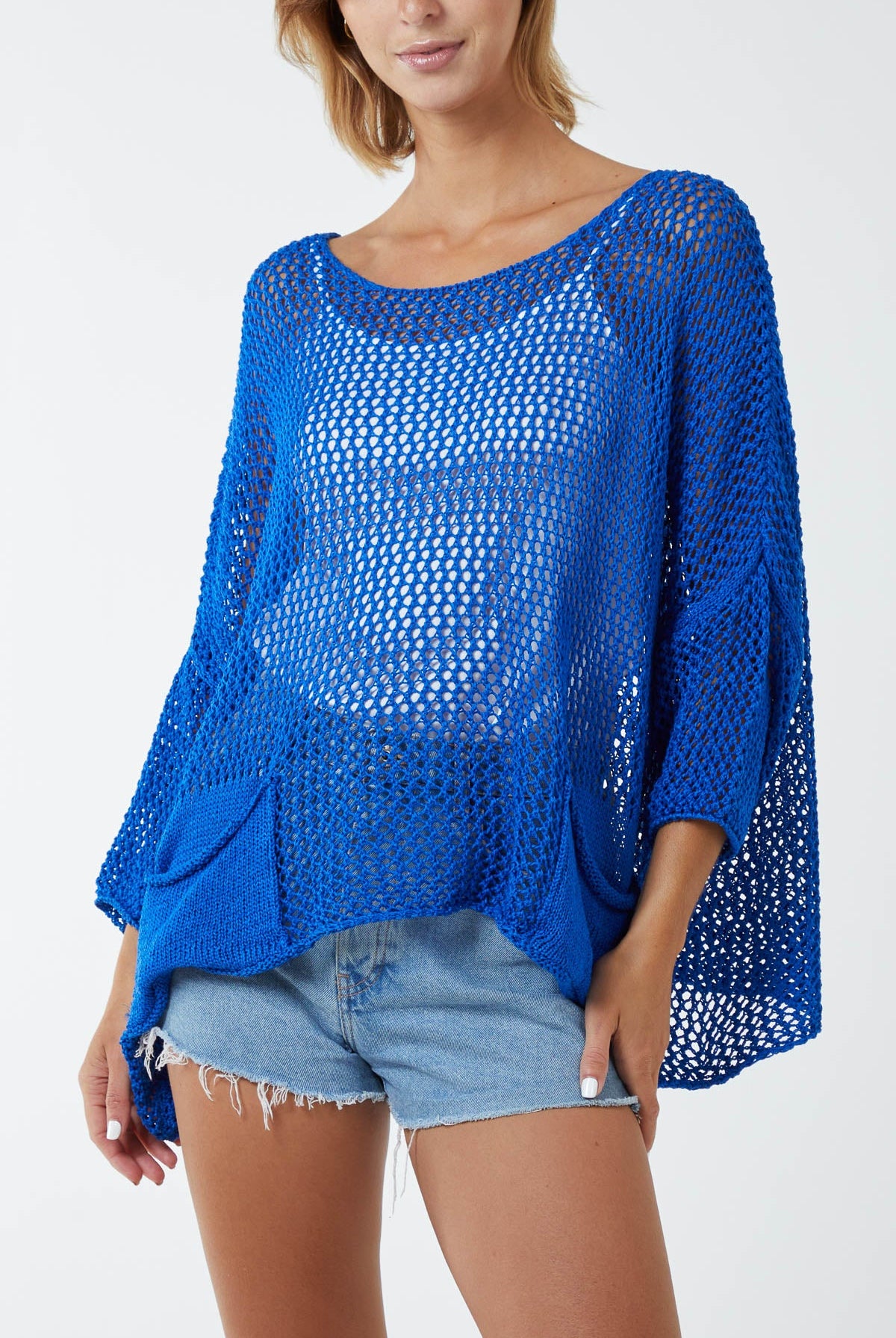 Two Pocket Crochet Blouse TOPMF2 WearAll Royal Blue One Size