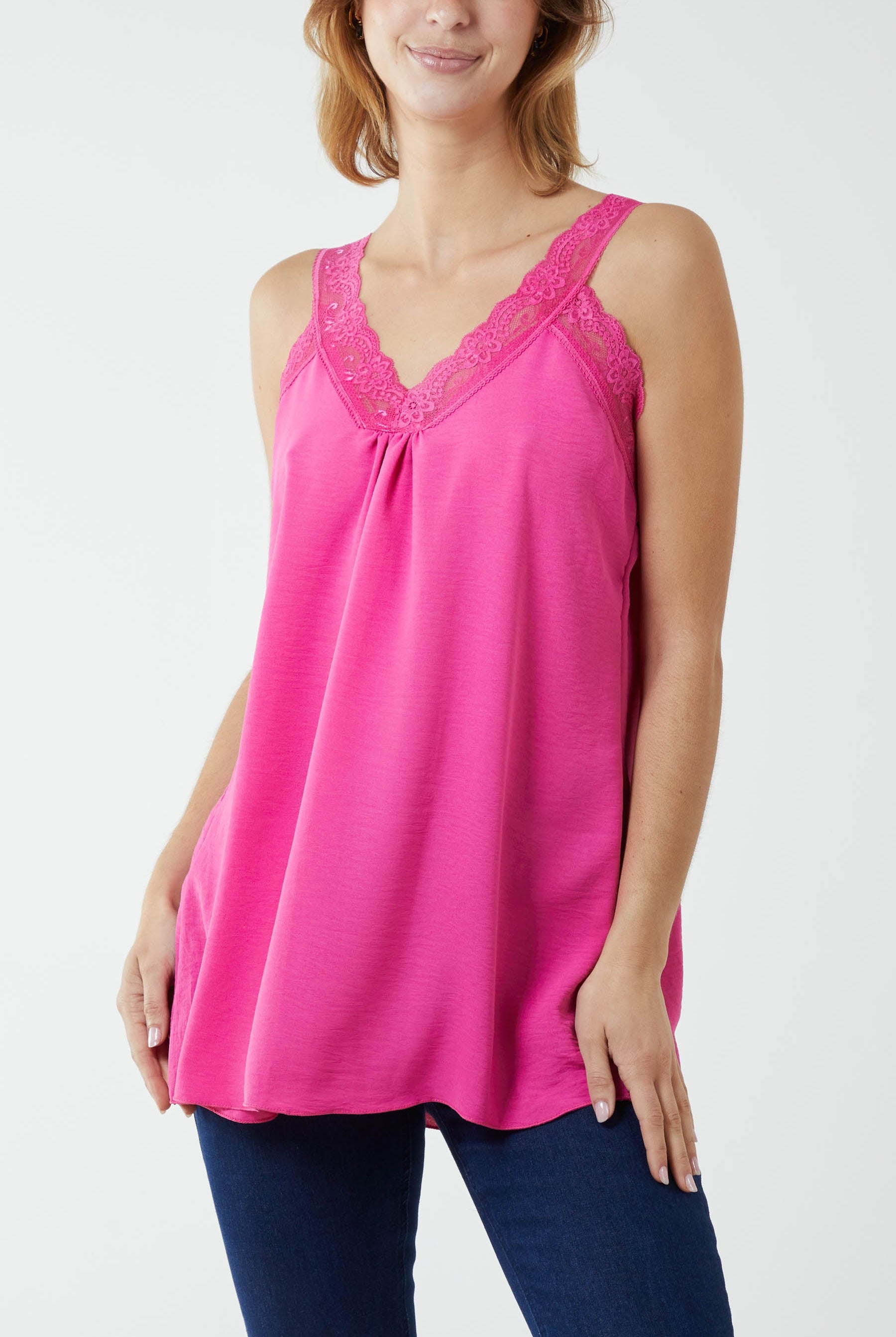Lace Cami V Neck Top Tops WearAll Hot Pink One Size