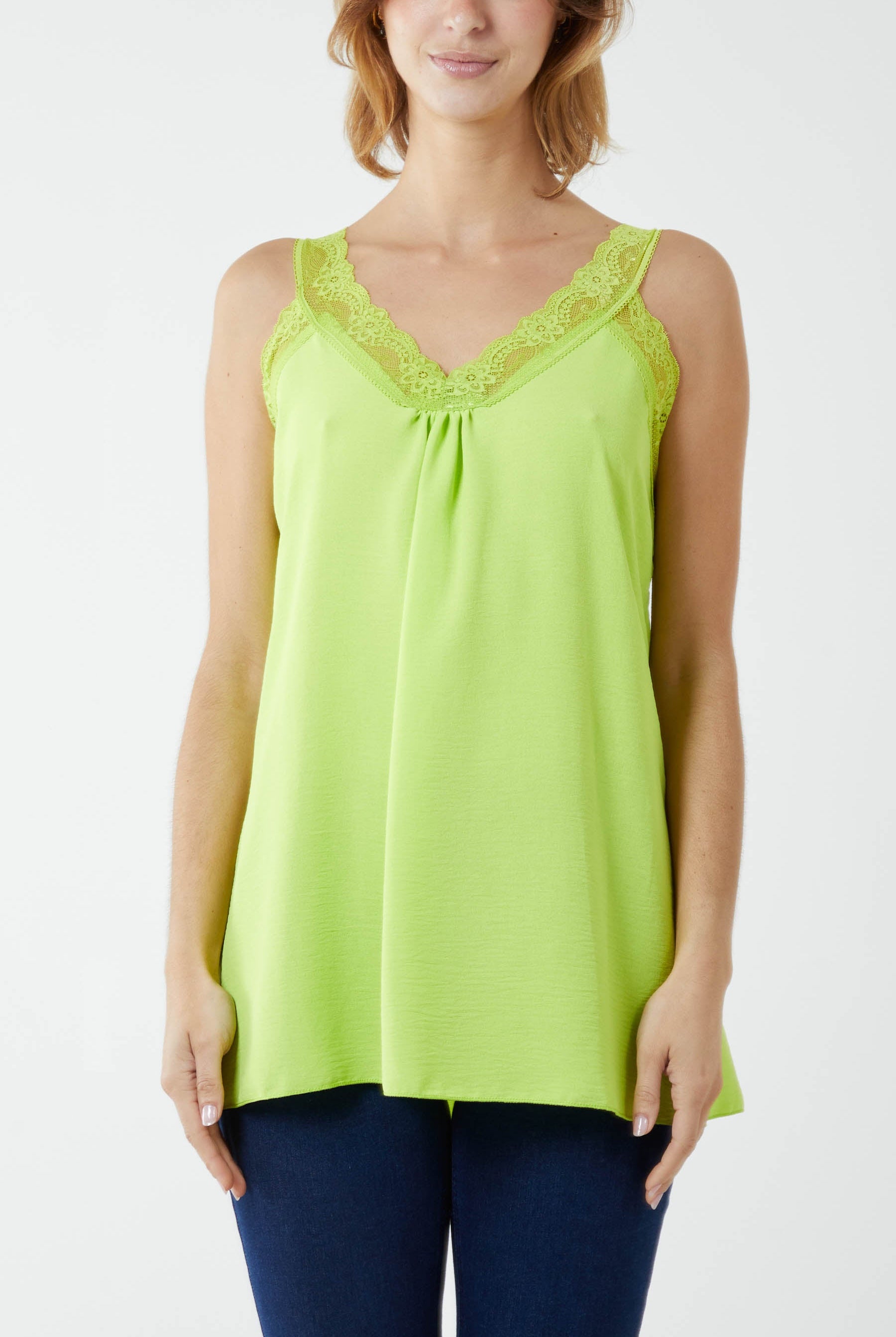 Lace Cami V Neck Top Tops WearAll Lime One Size