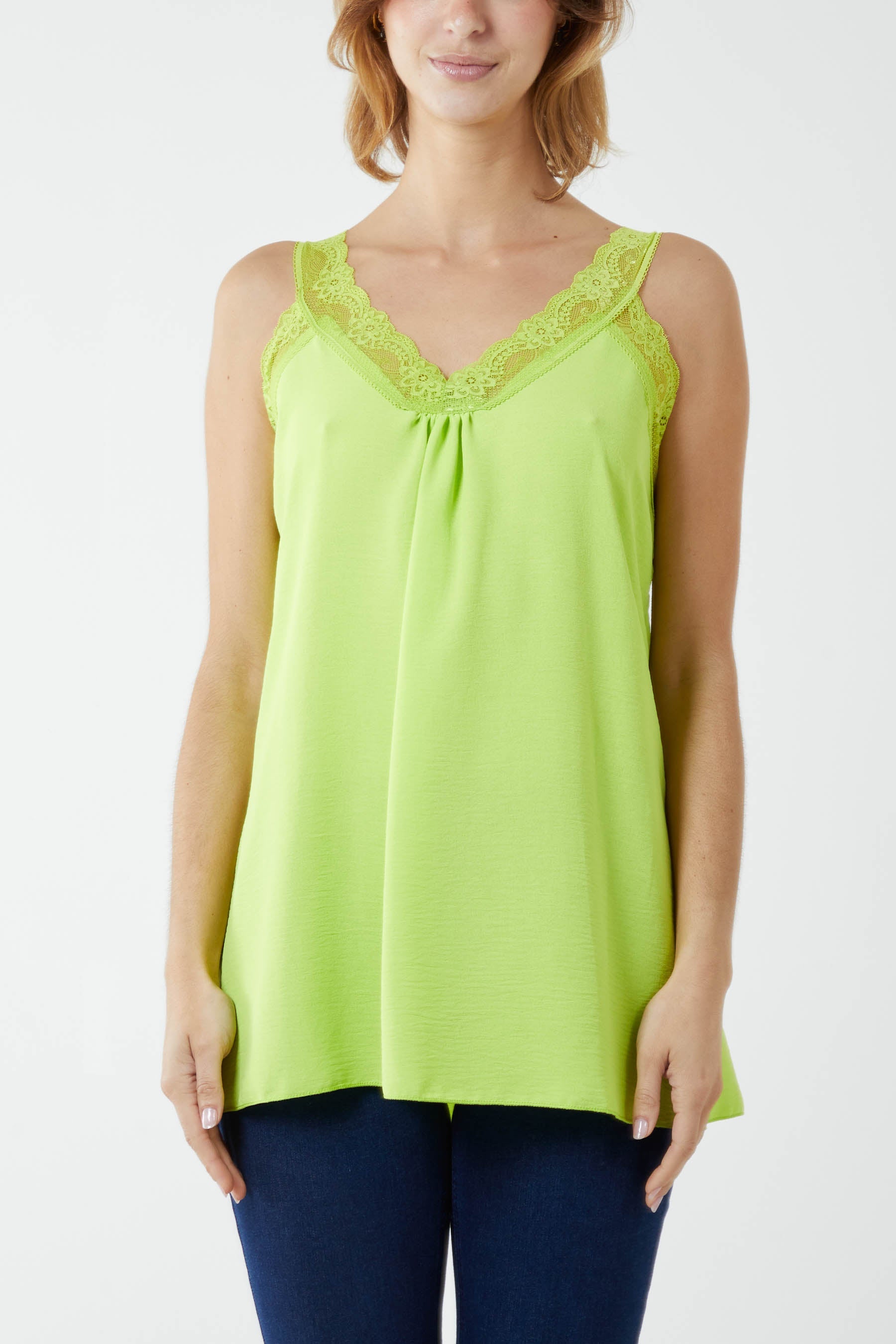 Lace Cami V Neck Top Tops WearAll Lime One Size