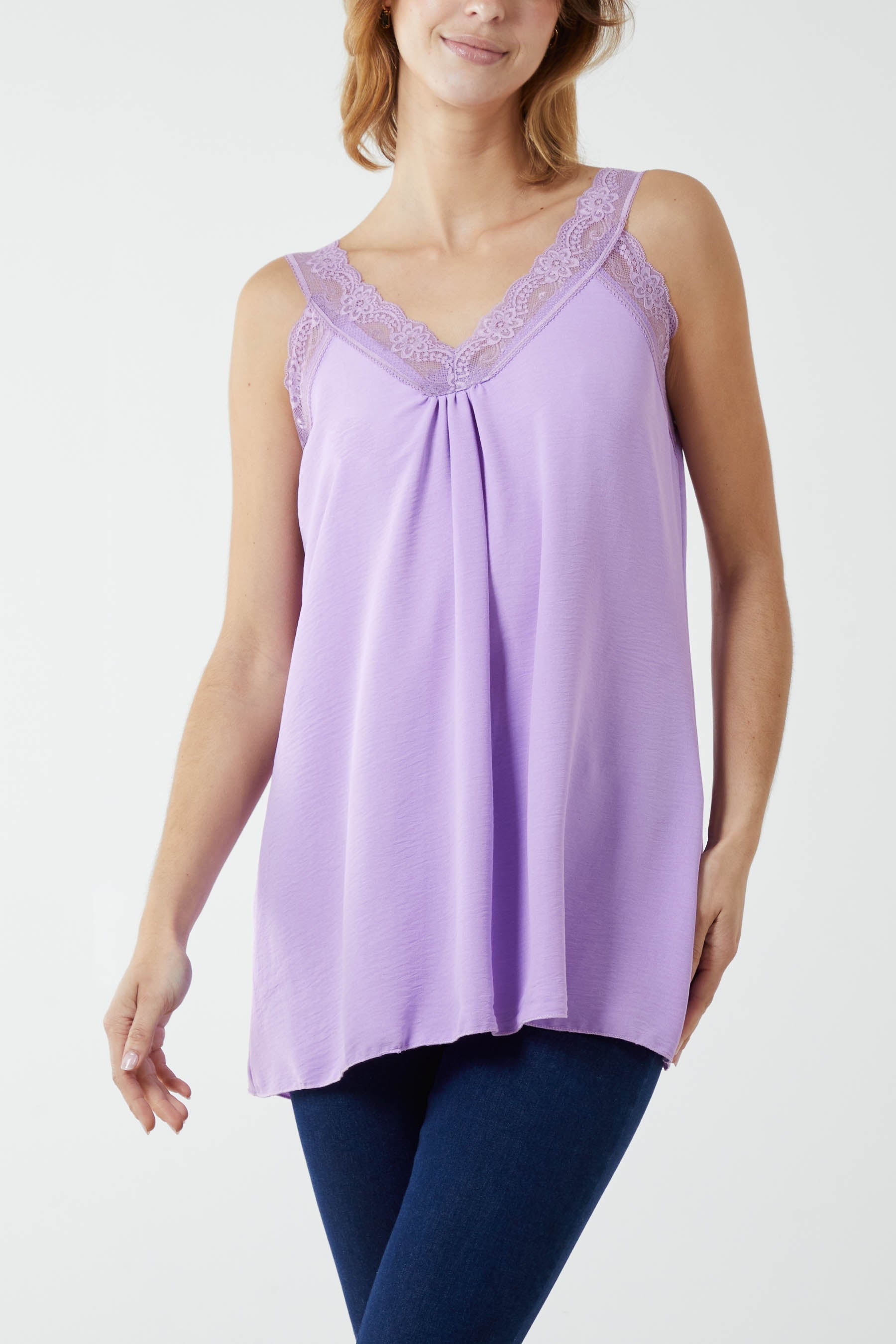 Lace Cami V Neck Top Tops WearAll Lilac One Size