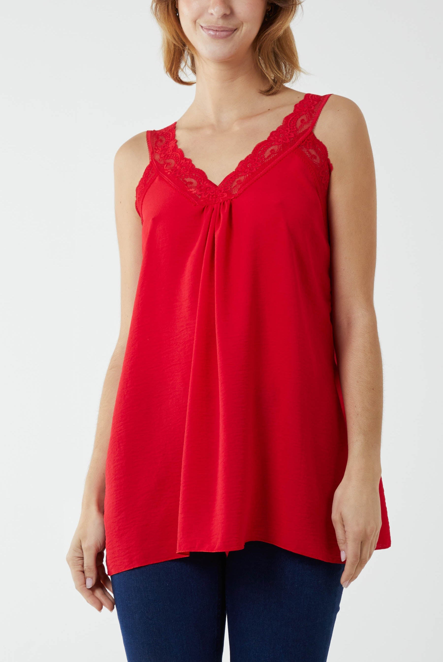 Lace Cami V Neck Top Tops WearAll Red One Size