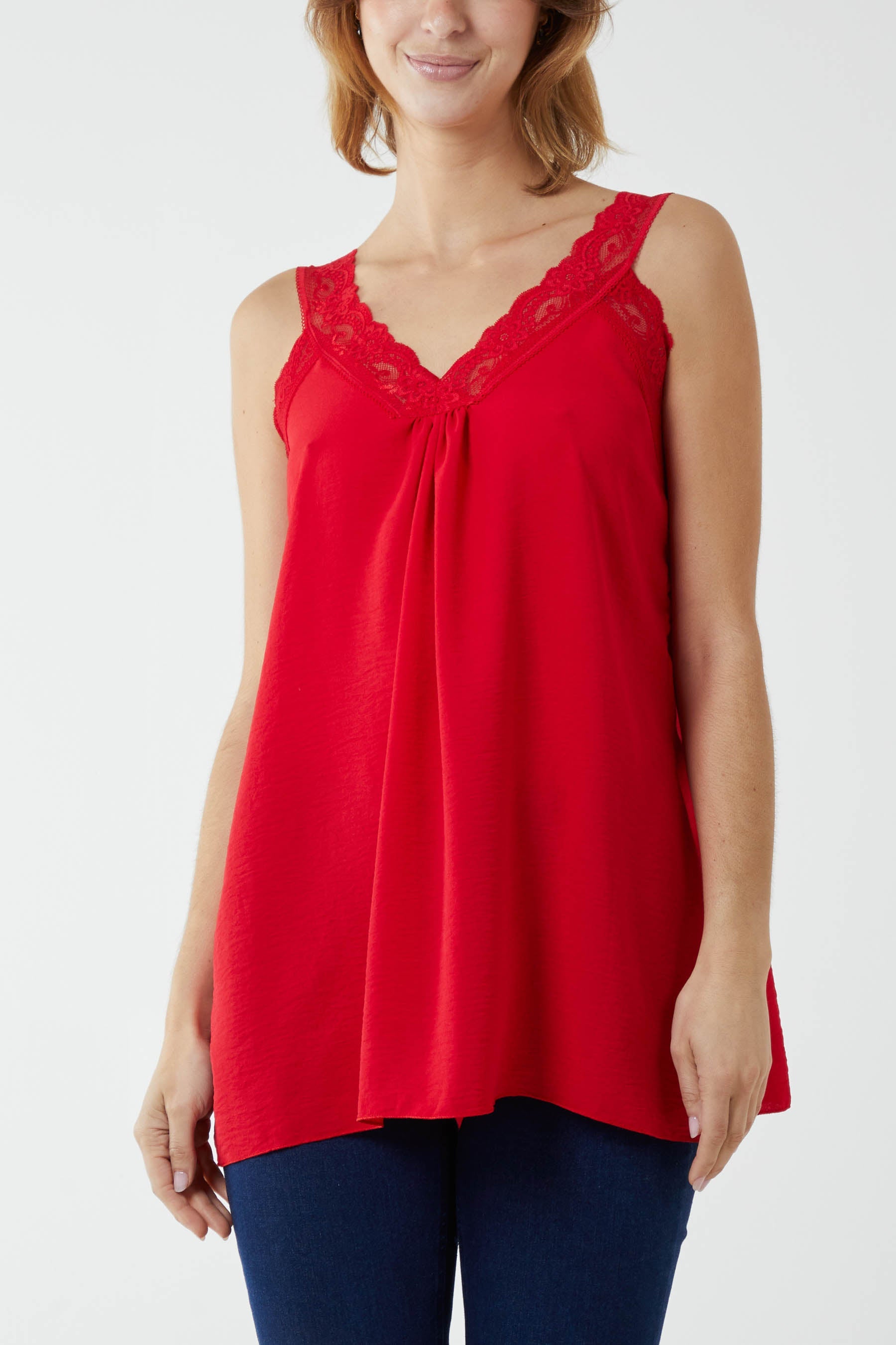 Lace Cami V Neck Top Tops WearAll Red One Size