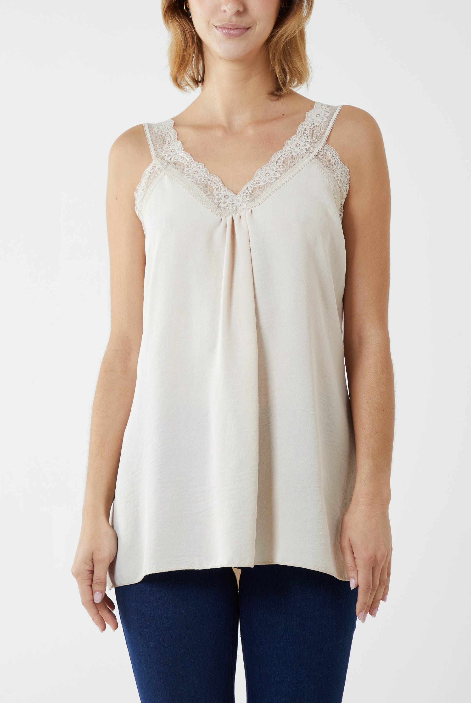 Lace Cami V Neck Top Tops WearAll Beige One Size