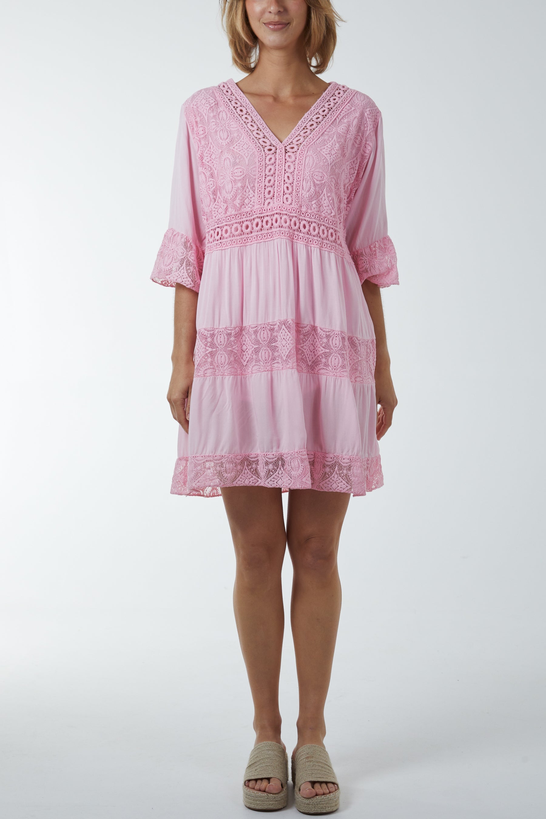 Lace Tiered Smock Dress Dresses WearAll Pink One Size