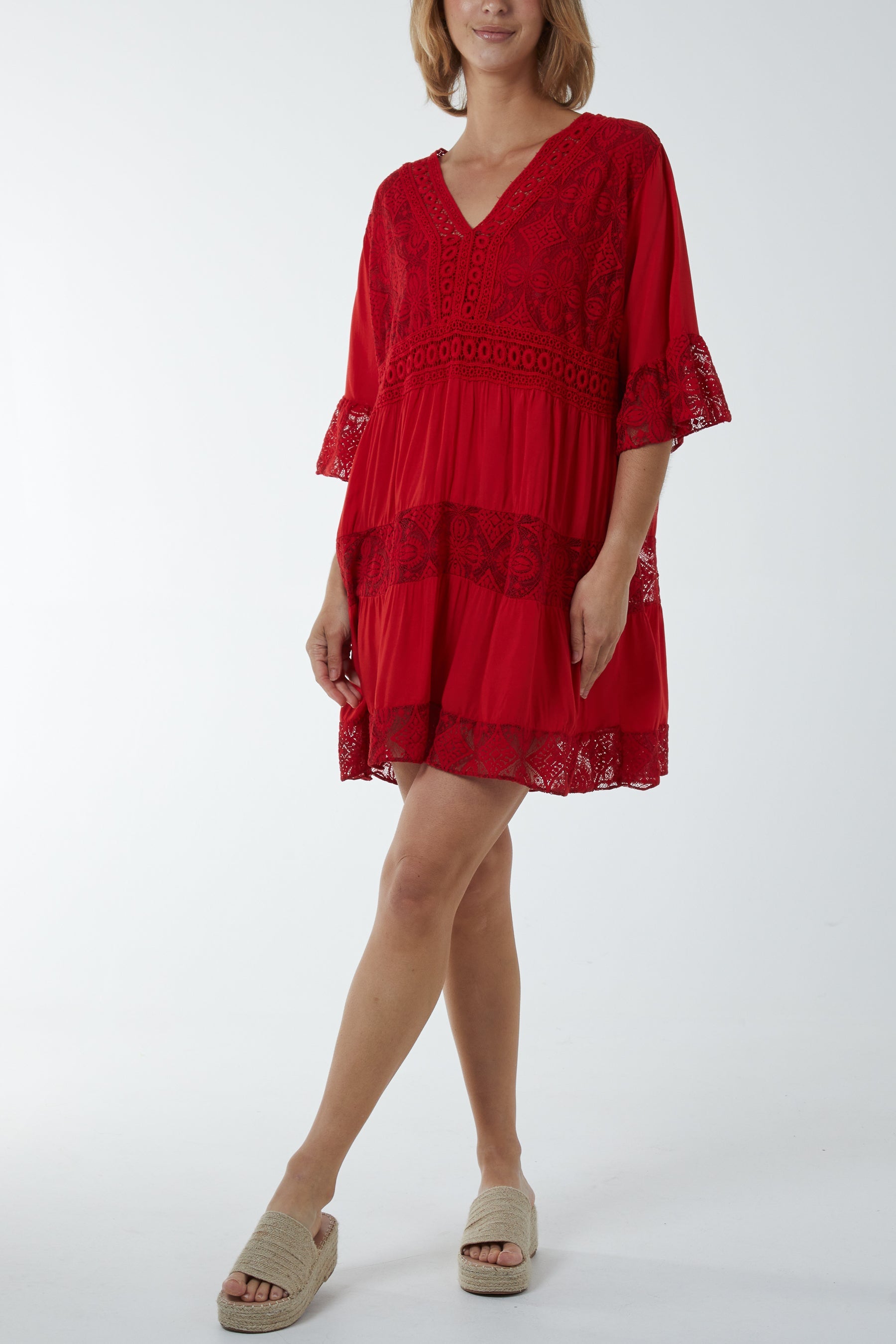 Lace Tiered Smock Dress Dresses WearAll Red One Size
