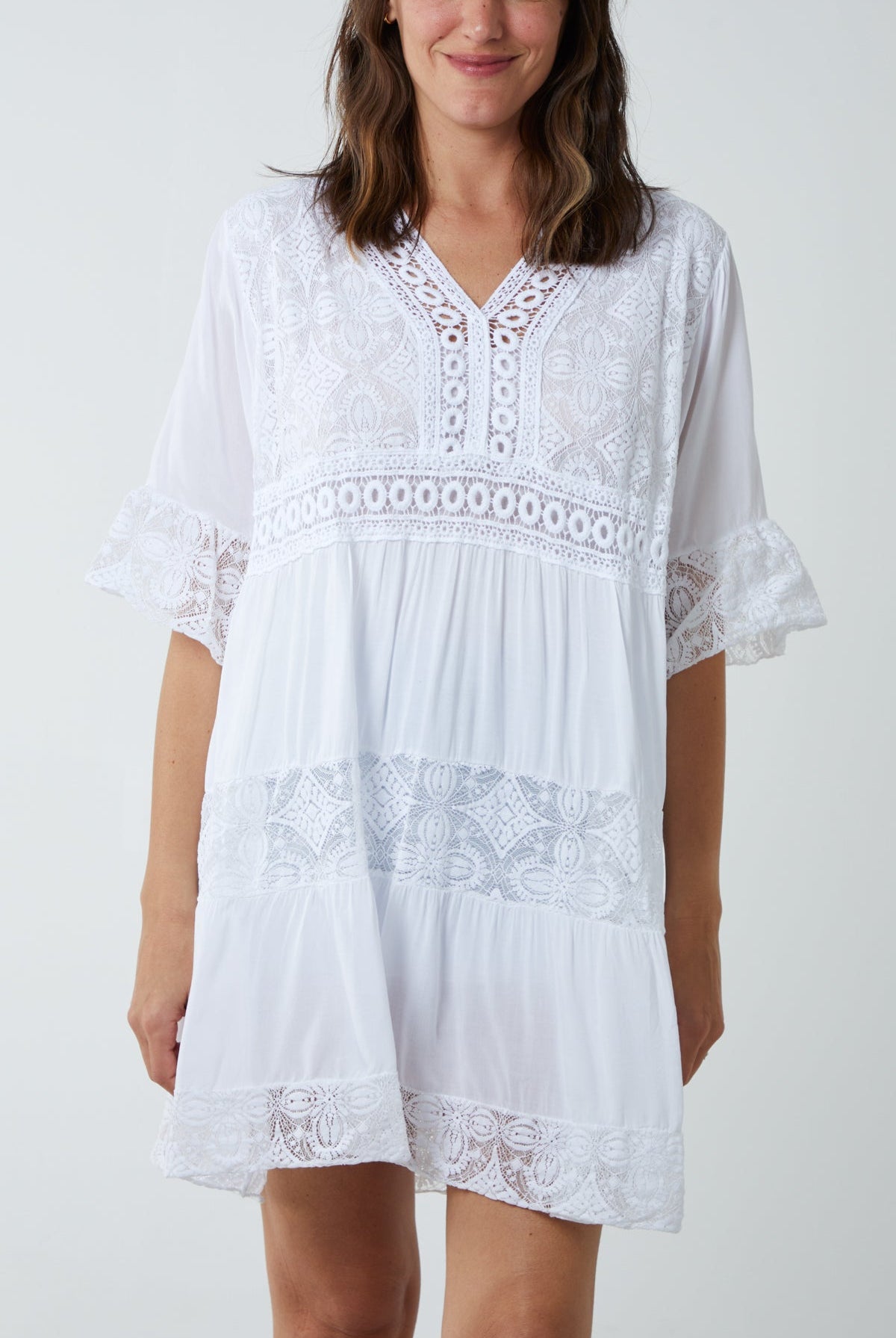 Lace Tiered Smock Dress Dresses WearAll White One Size