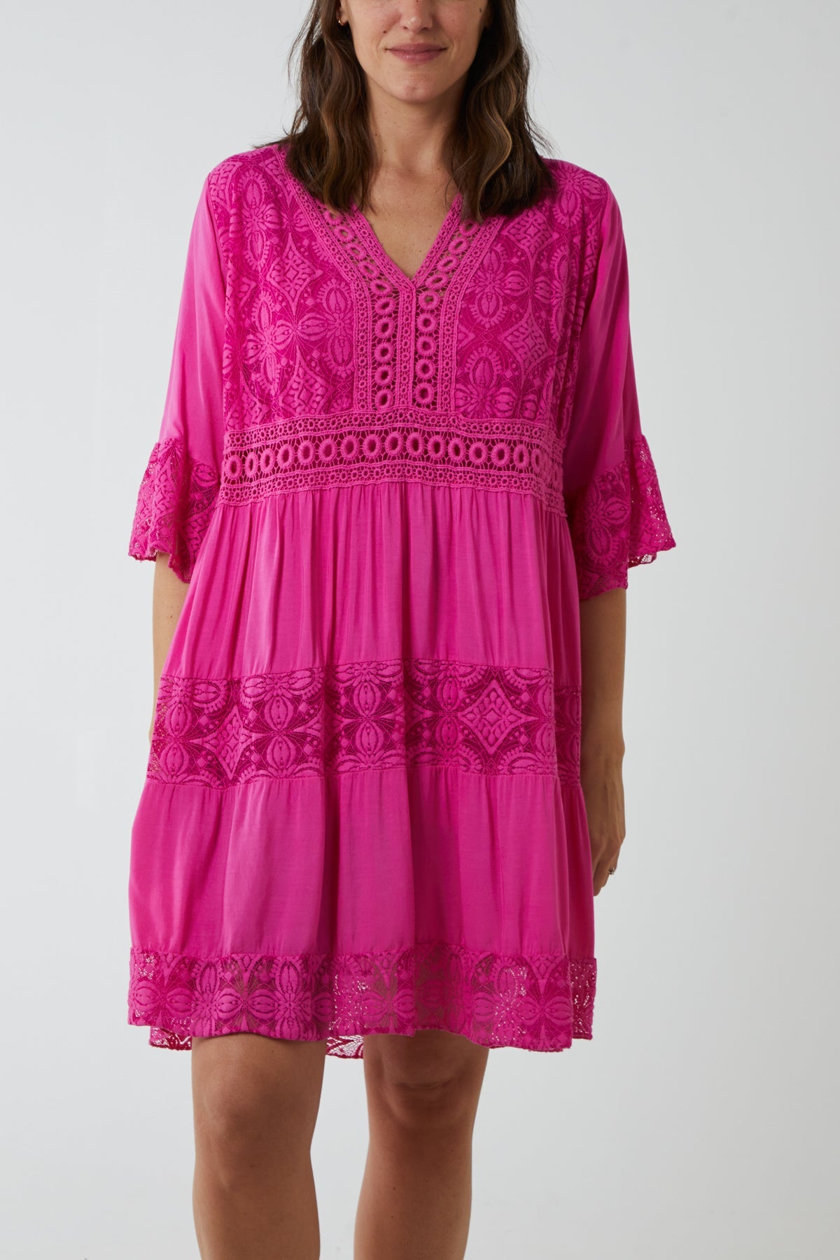 Lace Tiered Smock Dress Dresses WearAll Hot Pink One Size