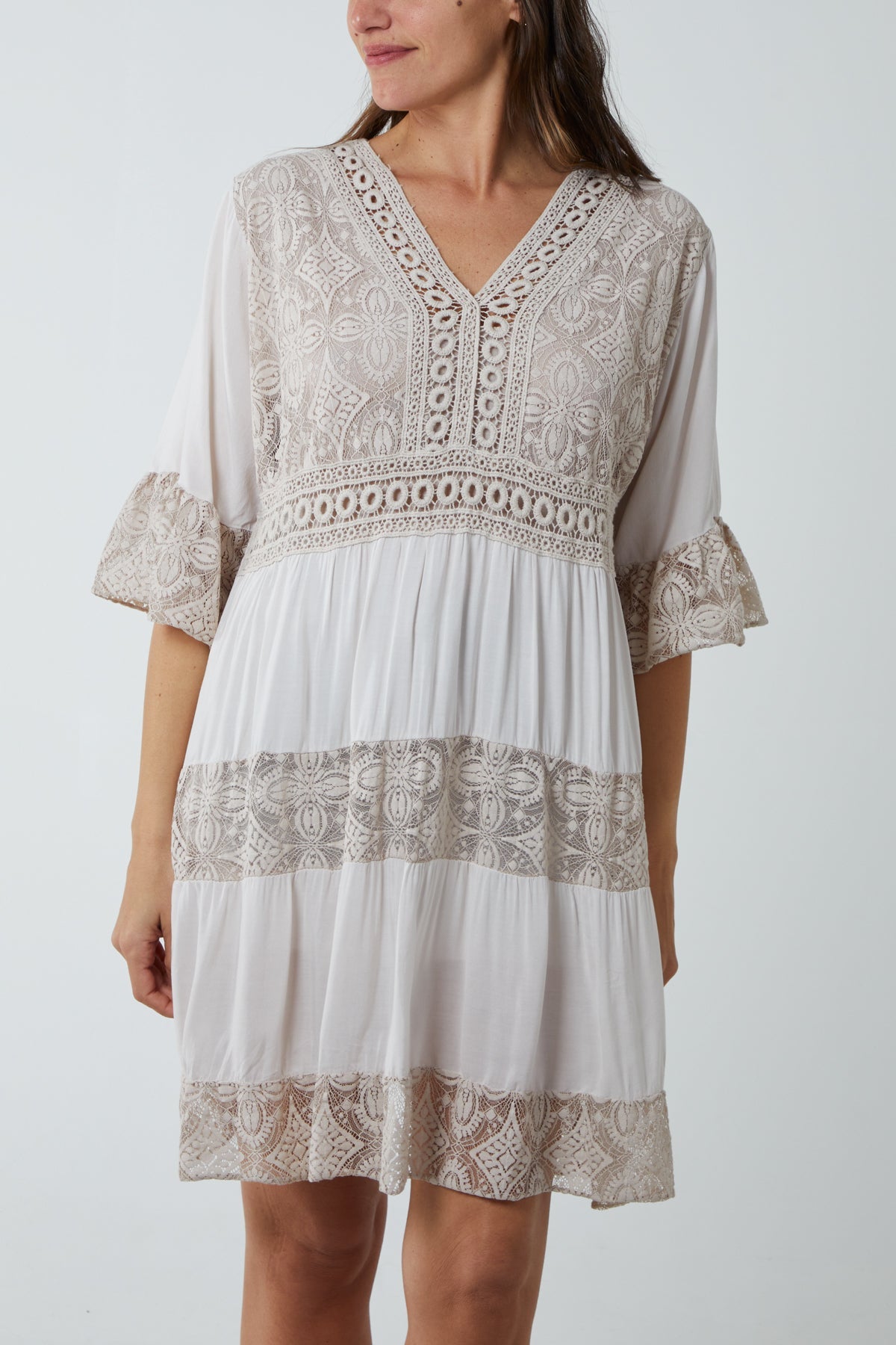 Lace Tiered Smock Dress Dresses WearAll Stone One Size