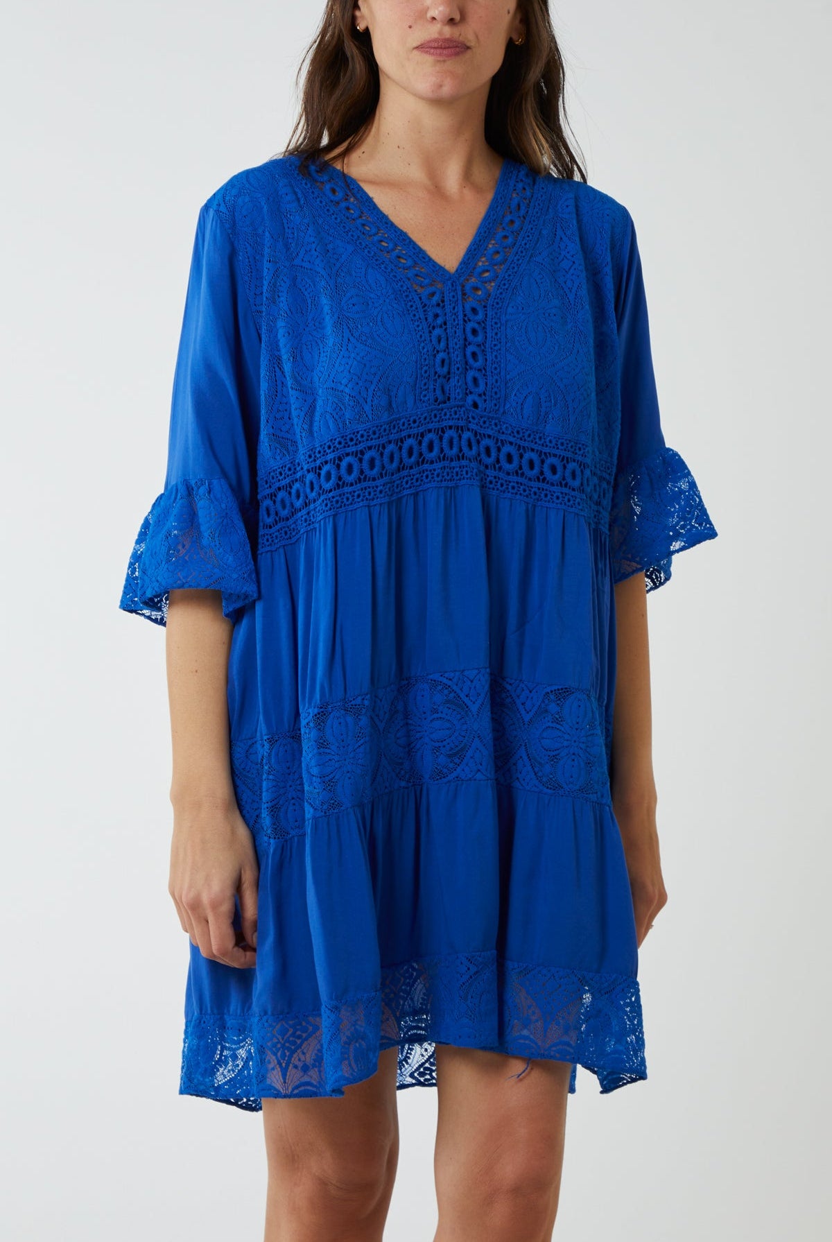 Lace Tiered Smock Dress Dresses WearAll Royal Blue One Size