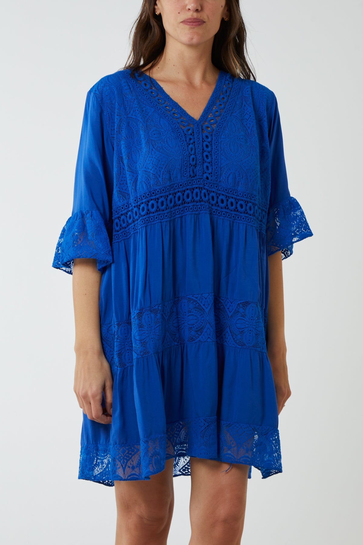 Lace Tiered Smock Dress Dresses WearAll Royal Blue One Size