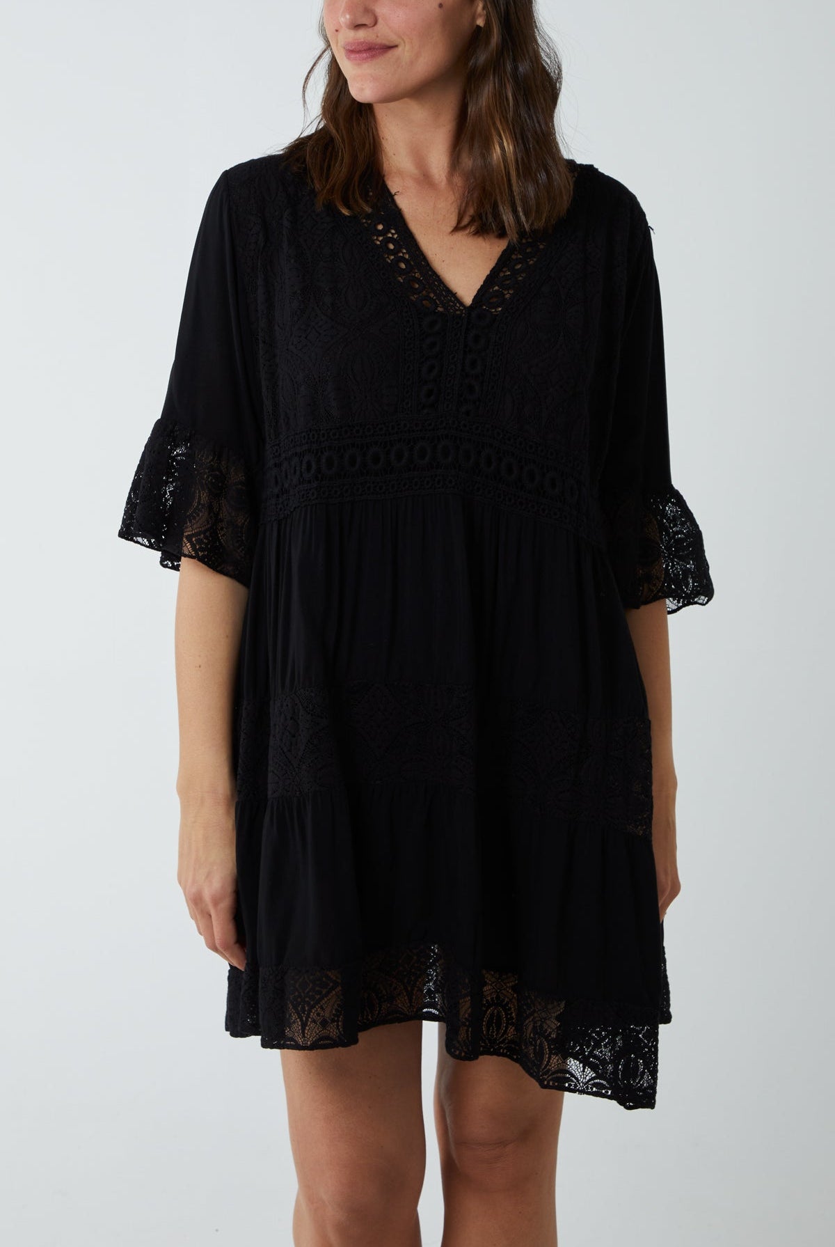 Lace Tiered Smock Dress Dresses WearAll Black One Size