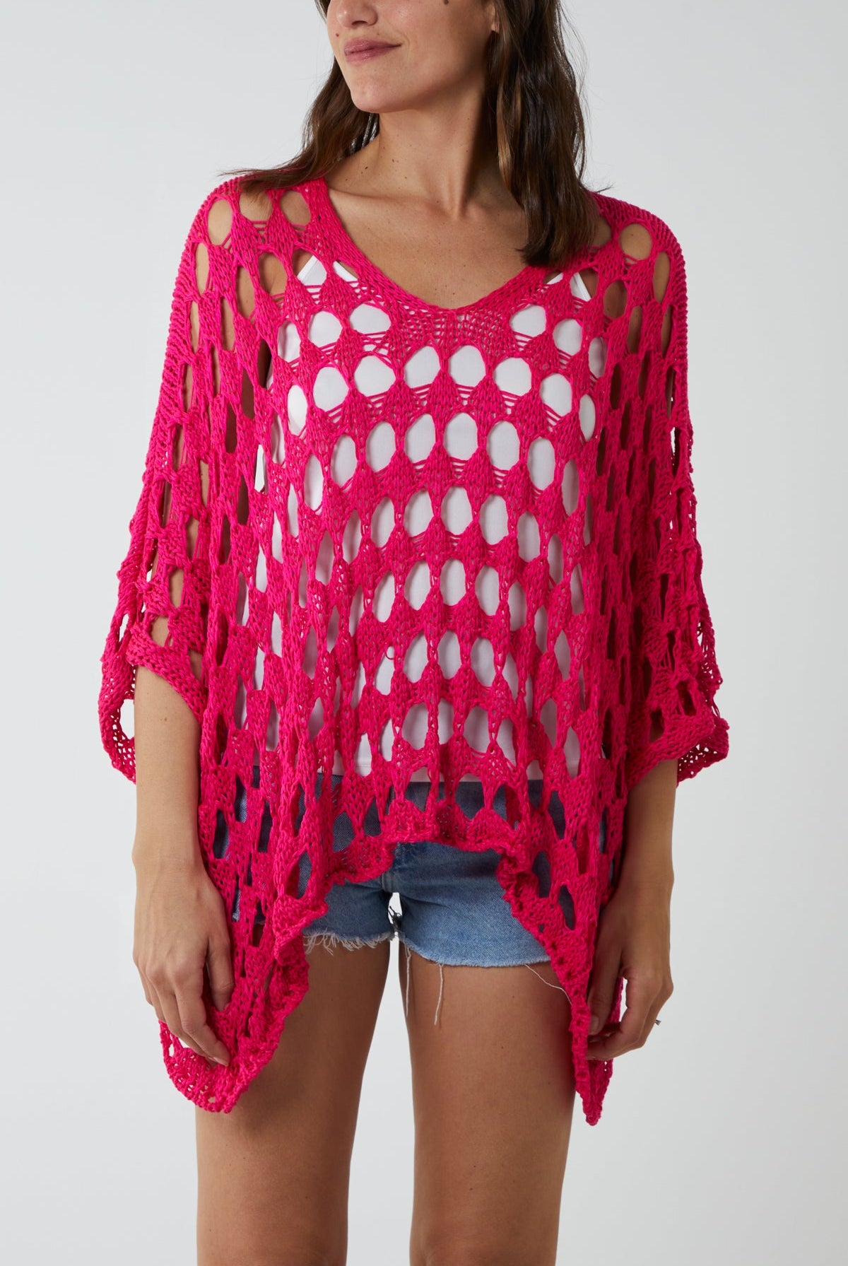 Oversized Diamond Crochet Blouse Blouses WearAll Hot Pink One Size