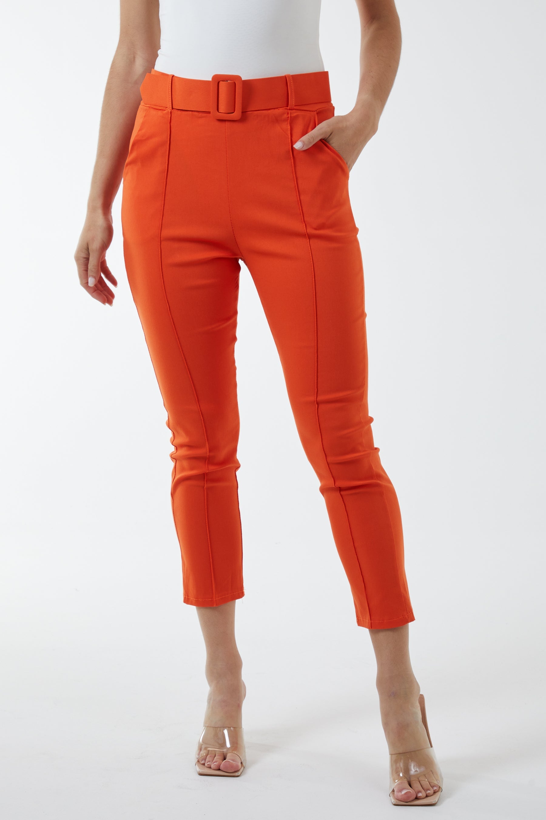 Pin Tuck Belted Capri Trousers Trousers WearAll Orange One Size