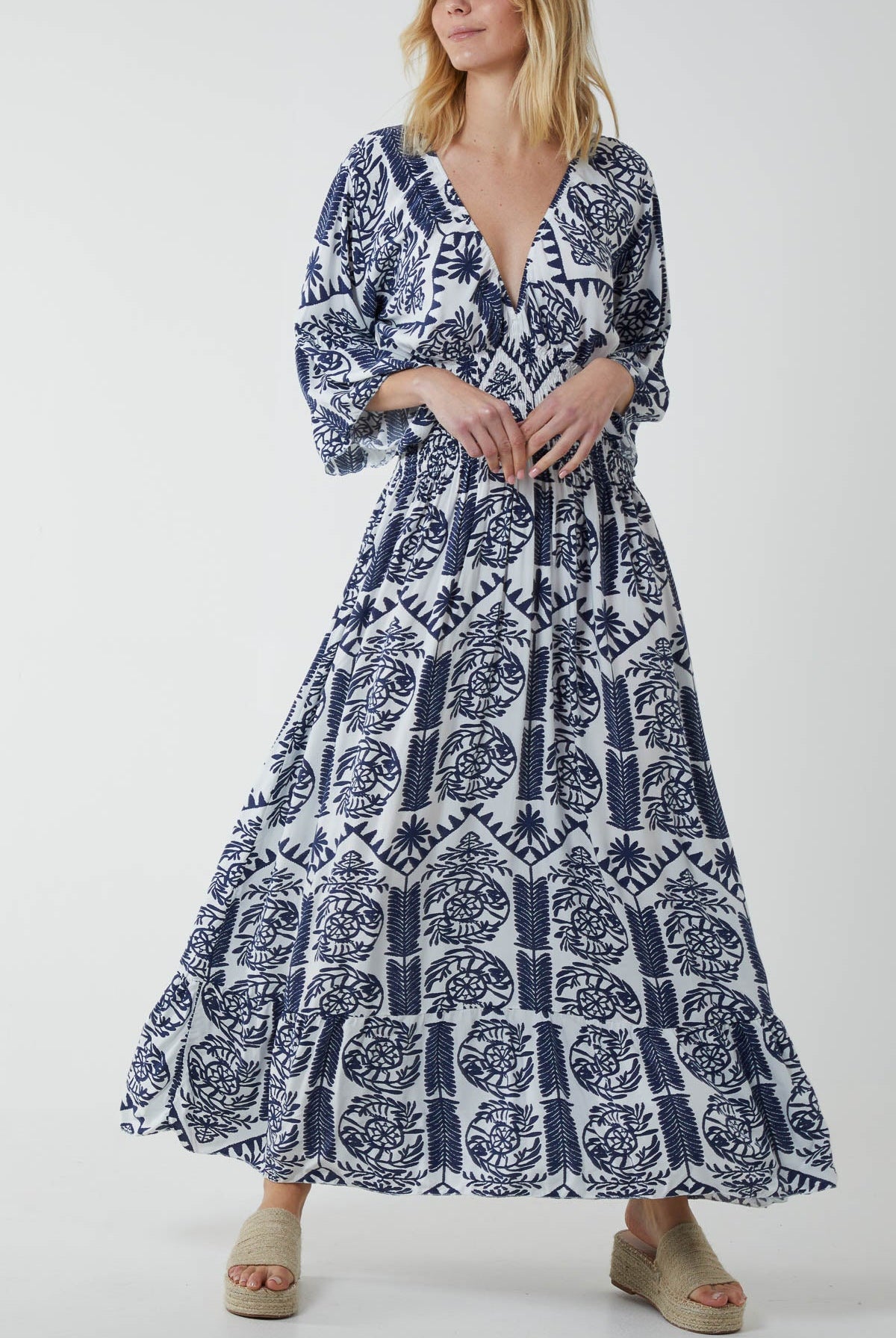 Baroque Shirred Bodice Maxi Dress Dresses WearAll Navy One Size