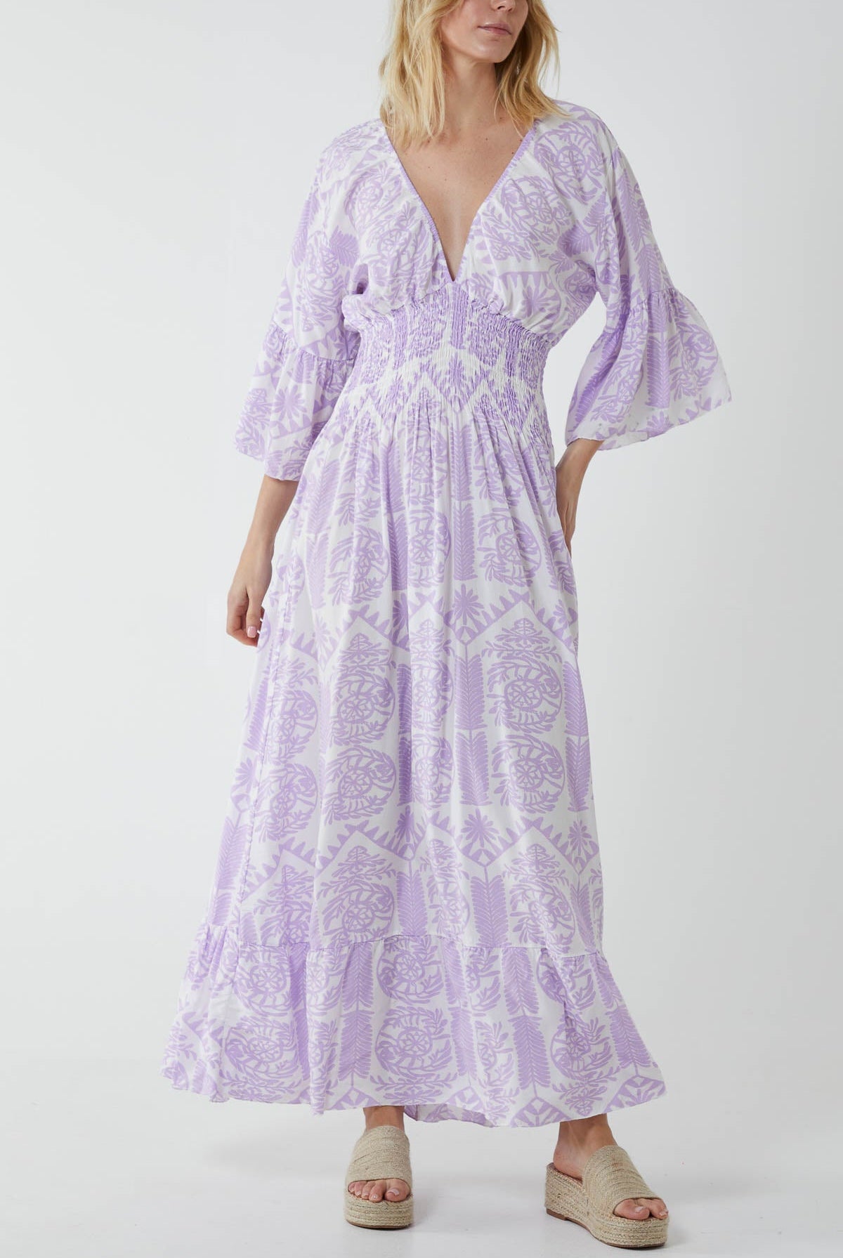 Baroque Shirred Bodice Maxi Dress Dresses WearAll Lilac One Size