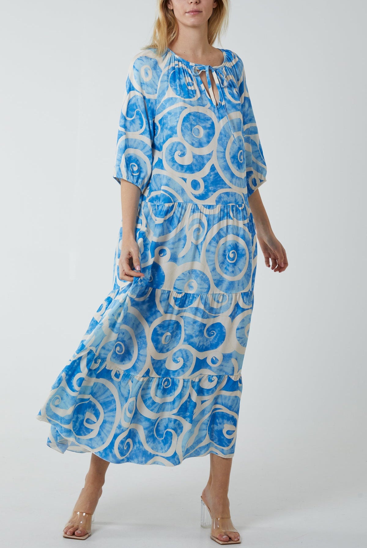Swirl Tie Dye Tiered Maxi Dress Dresses WearAll Sky Blue One Size