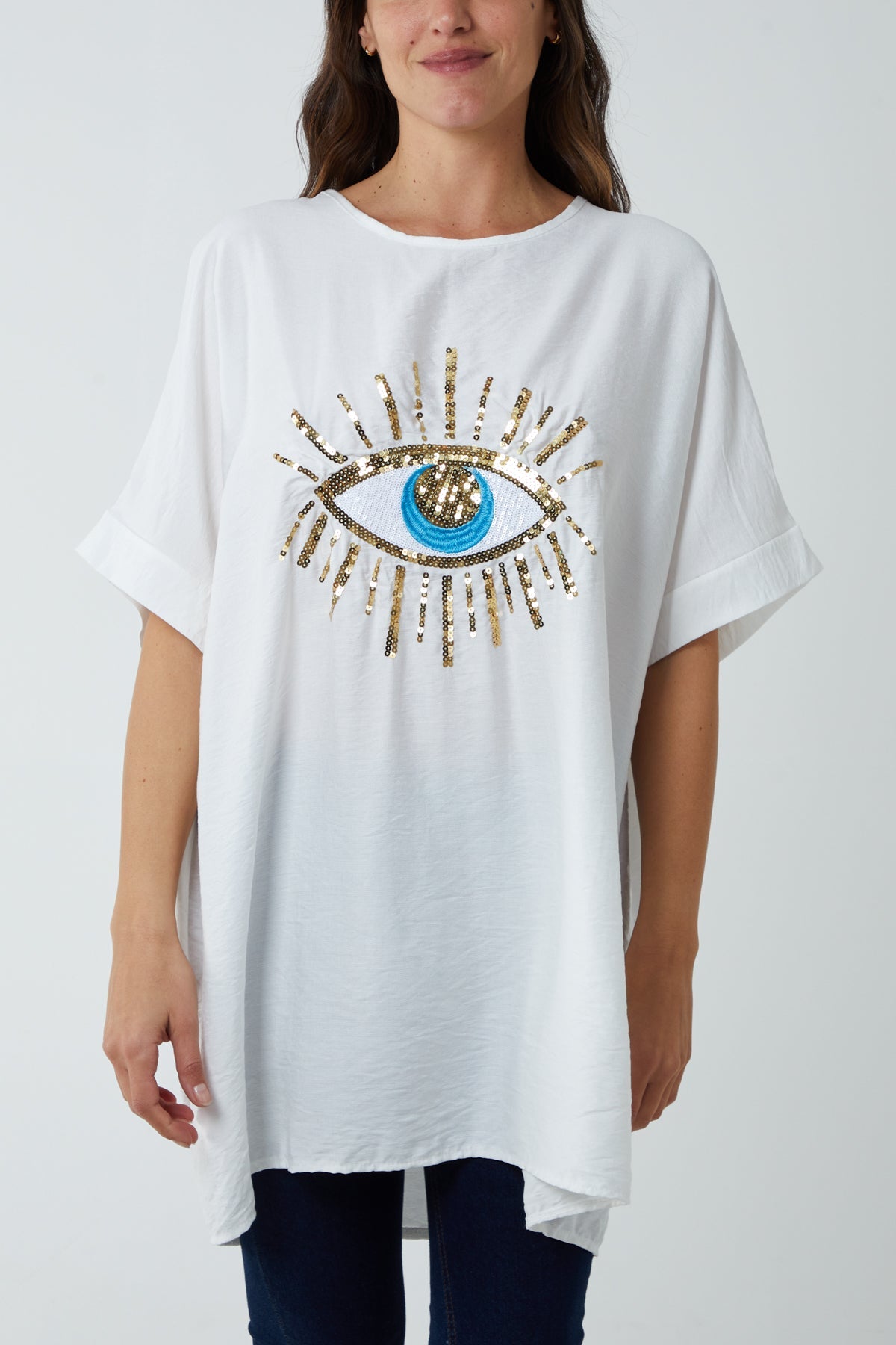 Sequin Evil Eye Short Sleeve Dress DMF2 WearAll White One Size