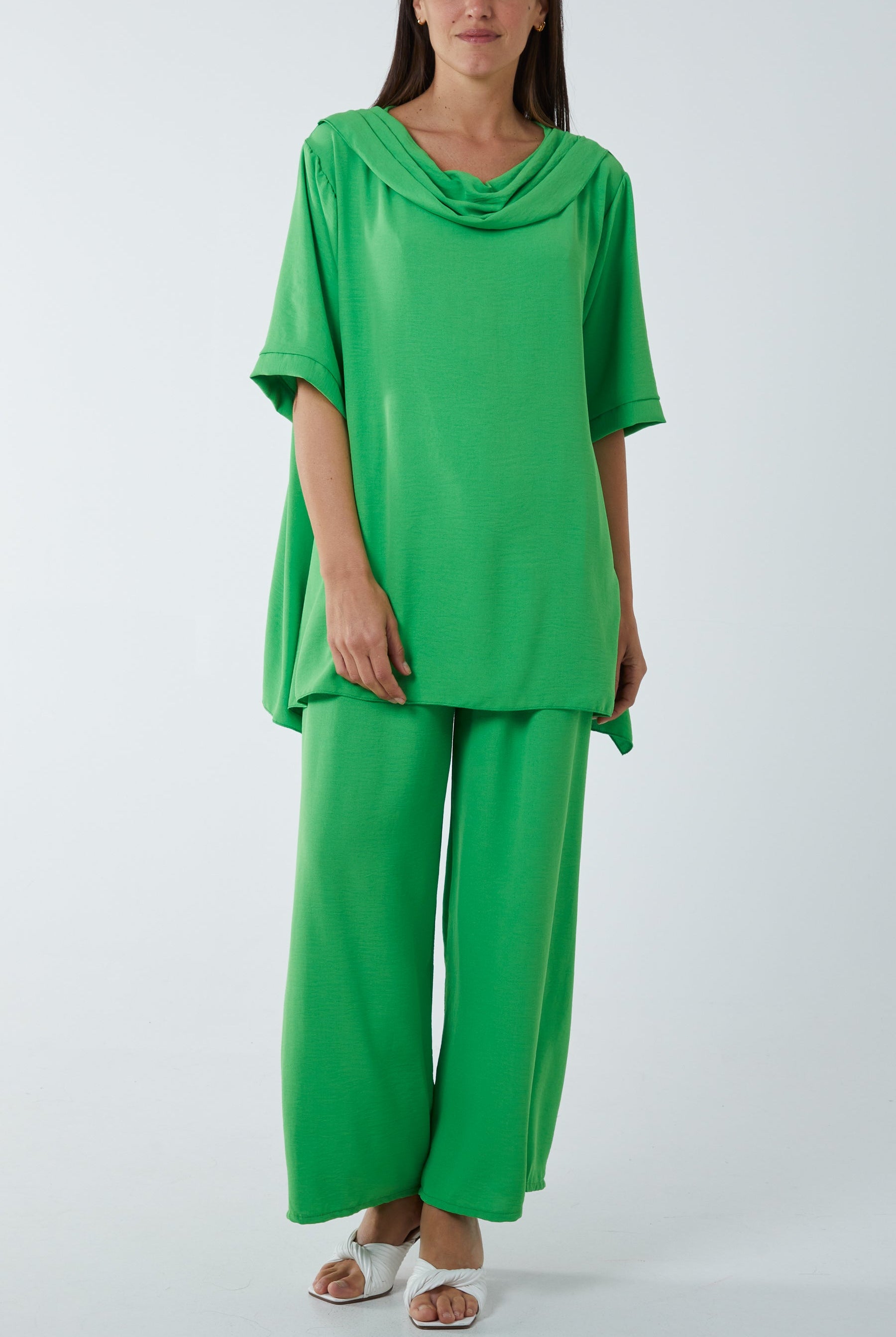 Draped Neck Drawstring Waist Trouser Set Co-Ords WearAll Apple Green One Size