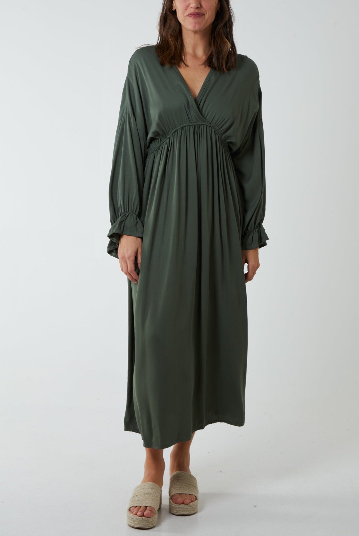 V-Neck Elasticated Waist Maxi Dress DMF2 WearAll Khaki One Size