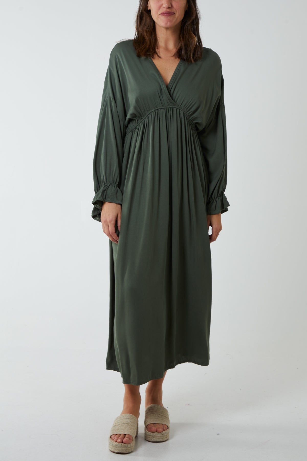 V-Neck Elasticated Waist Maxi Dress DMF2 WearAll Khaki One Size