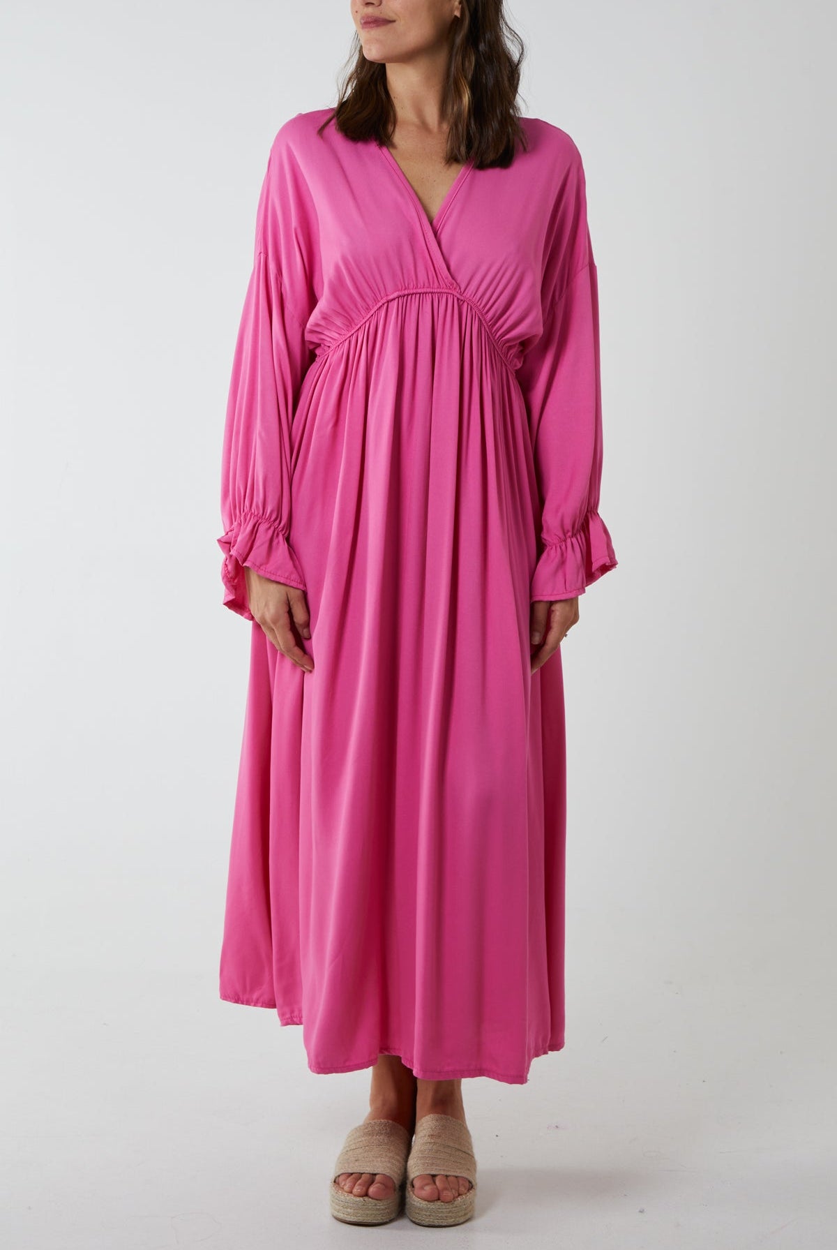 V-Neck Elasticated Waist Maxi Dress DMF2 WearAll Hot Pink One Size